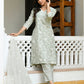 Vaasva Women Pista Linen Embroidered Solid Kurta Set With Solid Pants & Chiffon Embroidered Dupatta | Swadesiicart