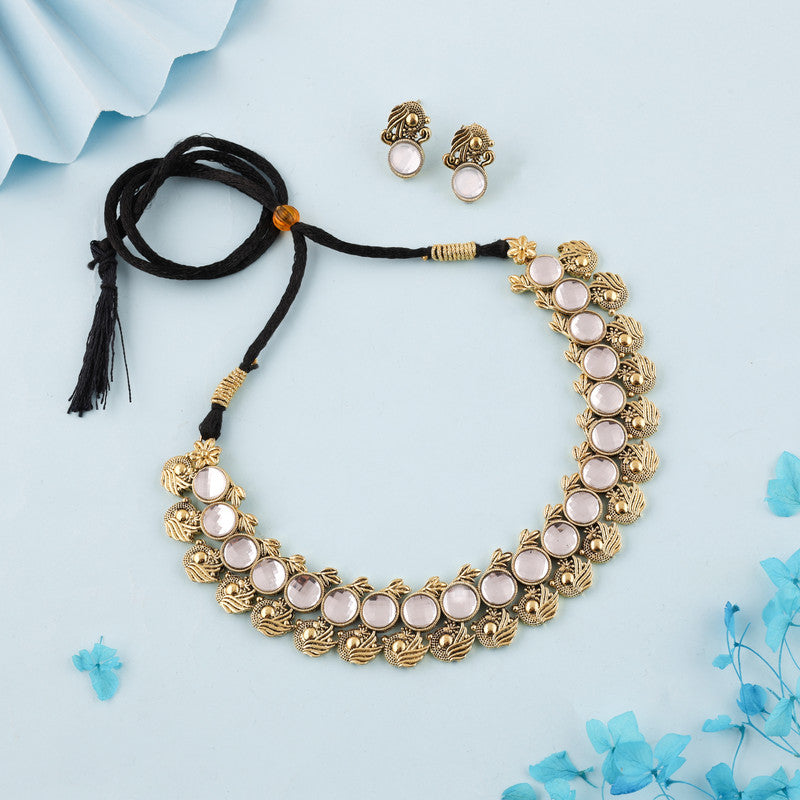 Tehzeeb Creations White Colour Gold-Polished Stone Jewellery Choker Necklace Set With Matching Pair of Stud Earrings - Swadesiicart
