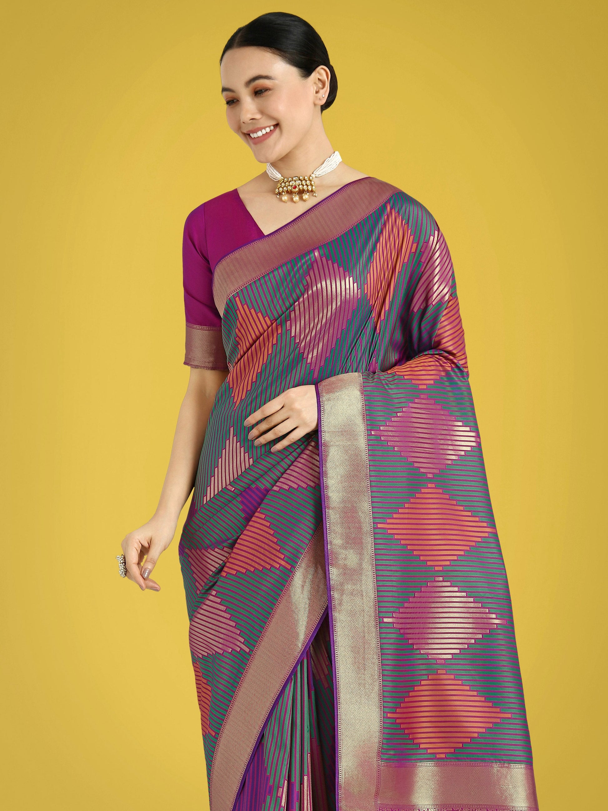 Monjolika Fashion Multi Colour Banarasi Silk Zari Weaving Classic Saree | Swadesiicart