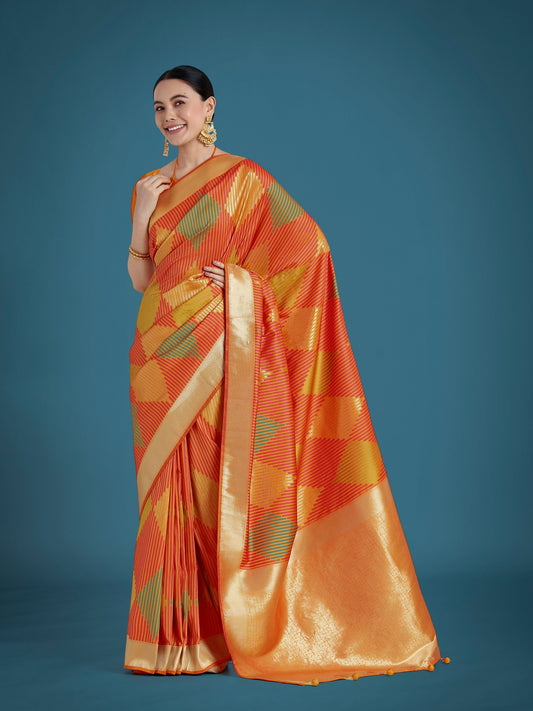 Monjolika Fashion Orange Colour Banarasi Silk Zari Weaving Classic Saree | Swadesiicart