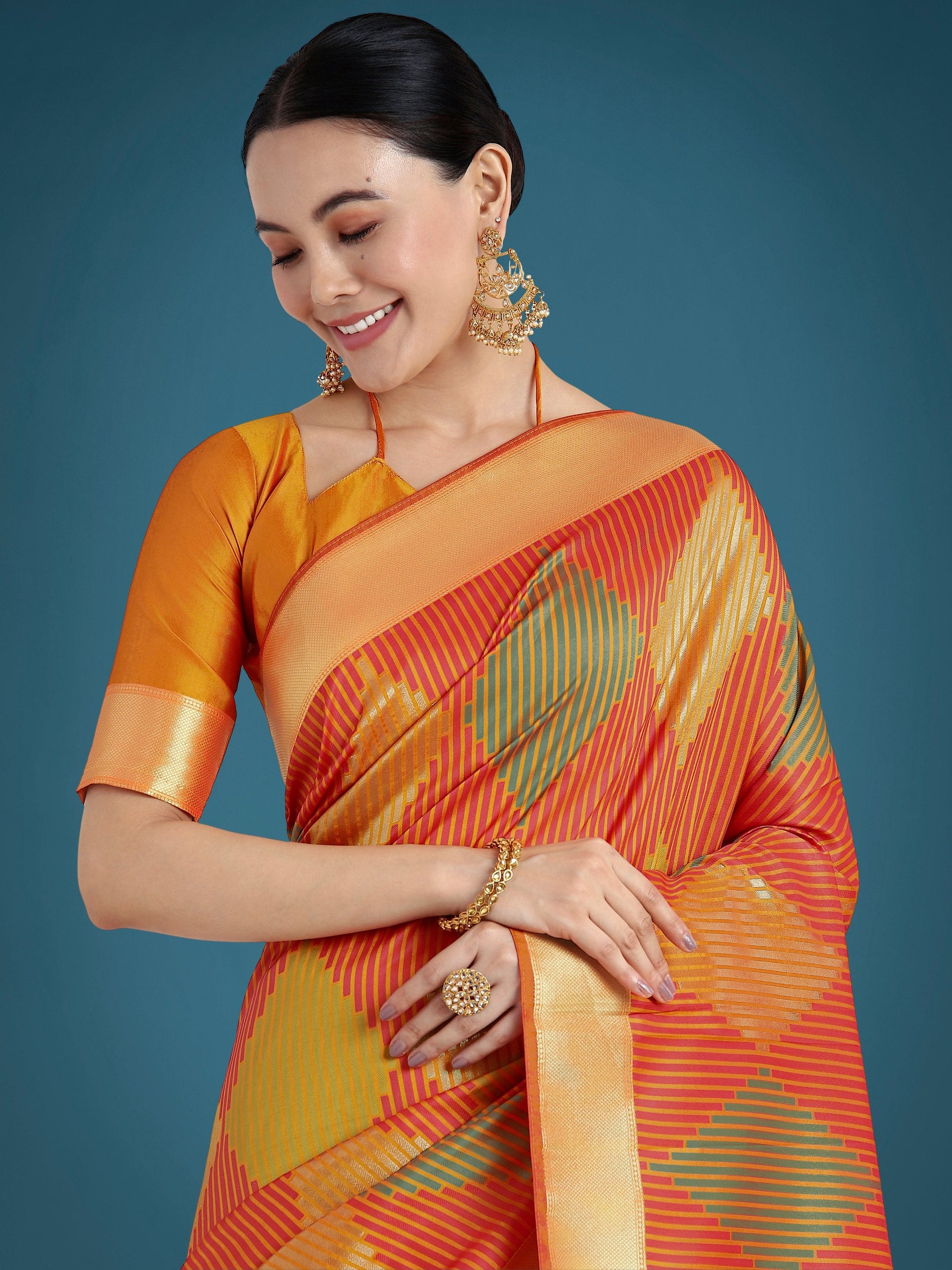 Monjolika Fashion Orange Colour Banarasi Silk Zari Weaving Classic Saree | Swadesiicart