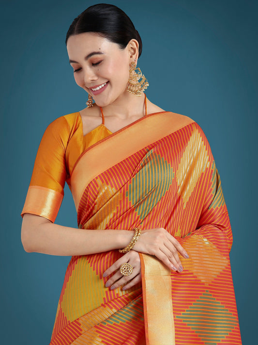 Monjolika Fashion Orange Colour Banarasi Silk Zari Weaving Classic Saree | Swadesiicart