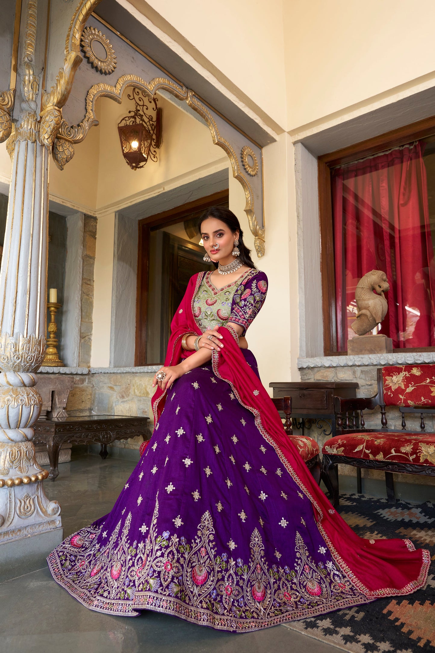 Lorenvalley Purple Vichitra Silk Sequins and Thread Embroidery Work Lehenga Choli with Dupatta | Swadesiicart