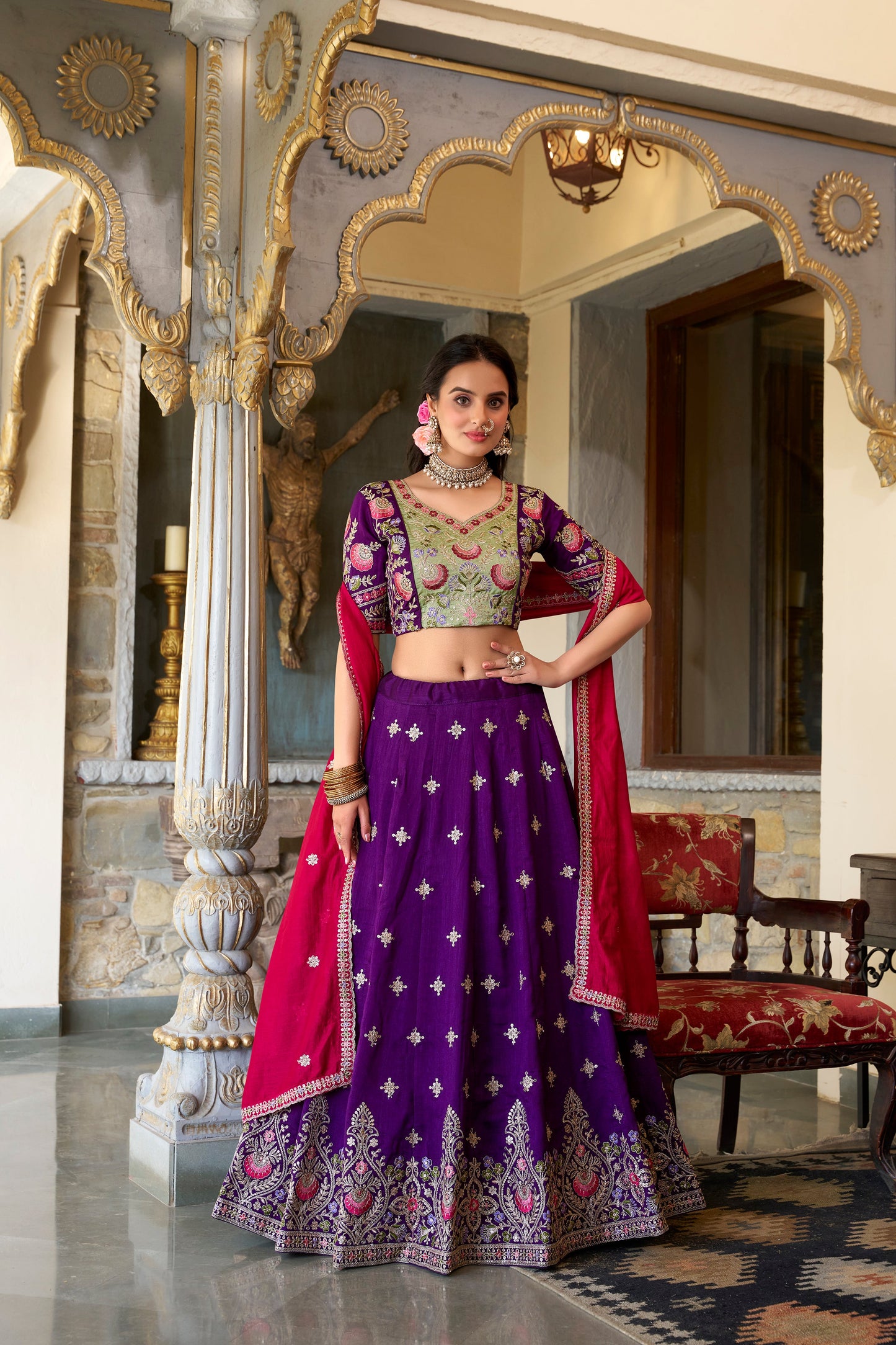 Lorenvalley Purple Vichitra Silk Sequins and Thread Embroidery Work Lehenga Choli with Dupatta | Swadesiicart