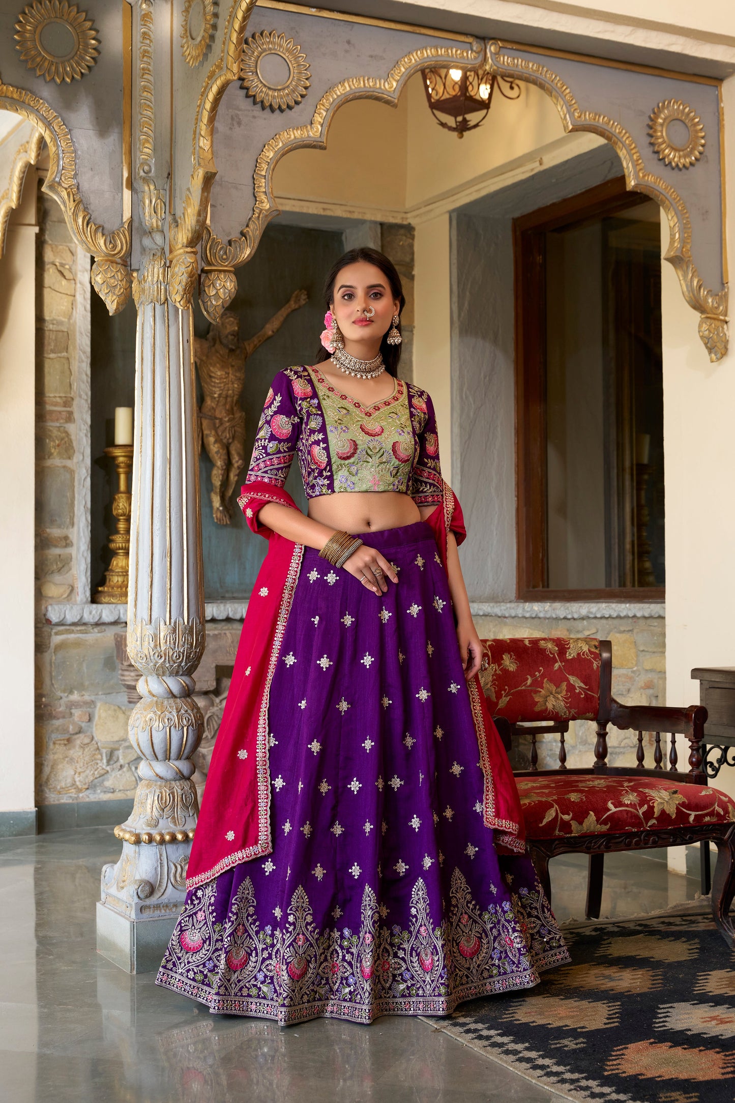 Lorenvalley Purple Vichitra Silk Sequins and Thread Embroidery Work Lehenga Choli with Dupatta | Swadesiicart