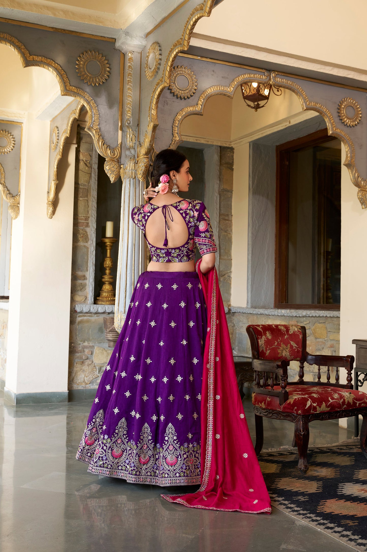 Lorenvalley Purple Vichitra Silk Sequins and Thread Embroidery Work Lehenga Choli with Dupatta | Swadesiicart