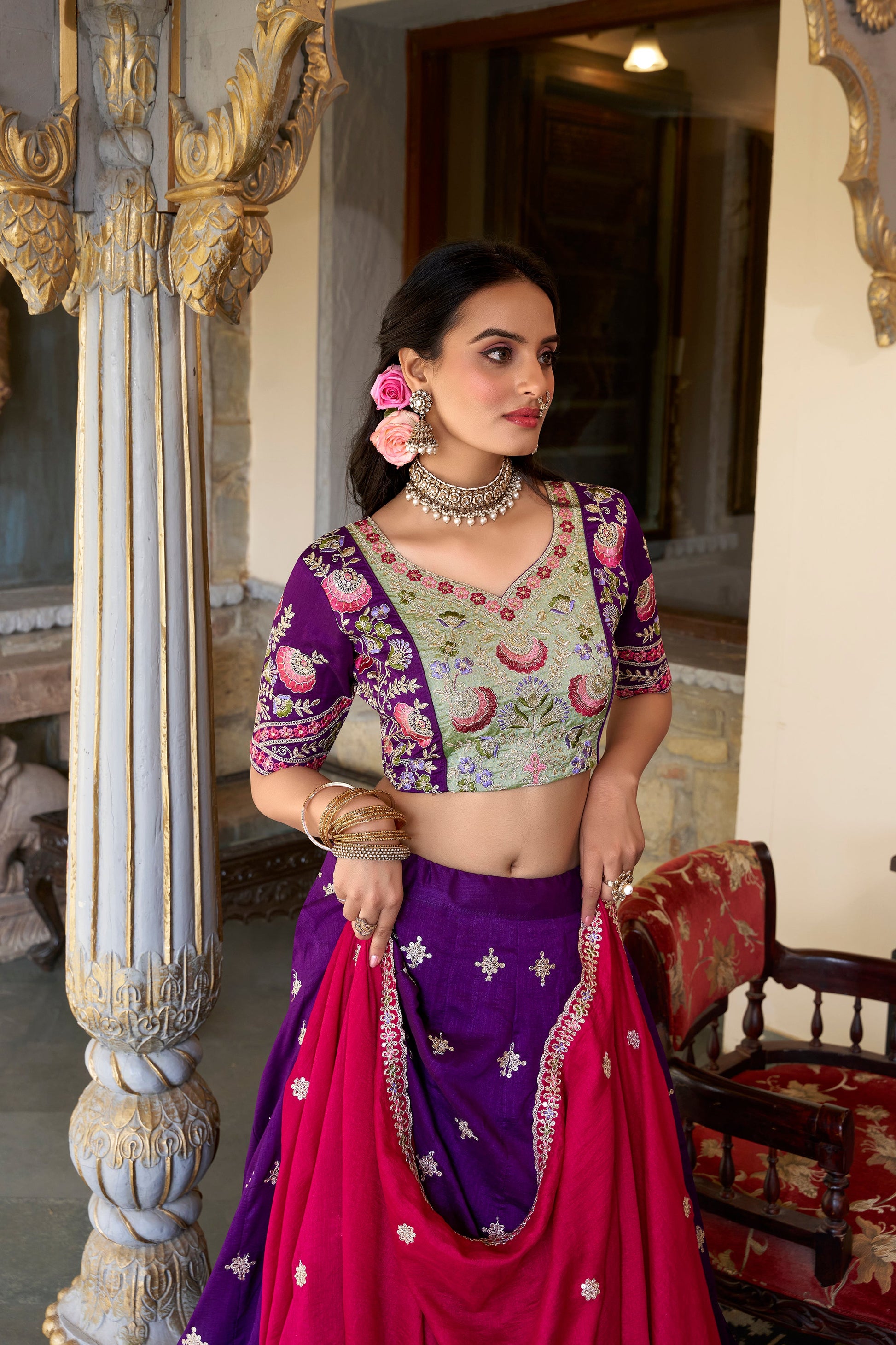 Lorenvalley Purple Vichitra Silk Sequins and Thread Embroidery Work Lehenga Choli with Dupatta | Swadesiicart