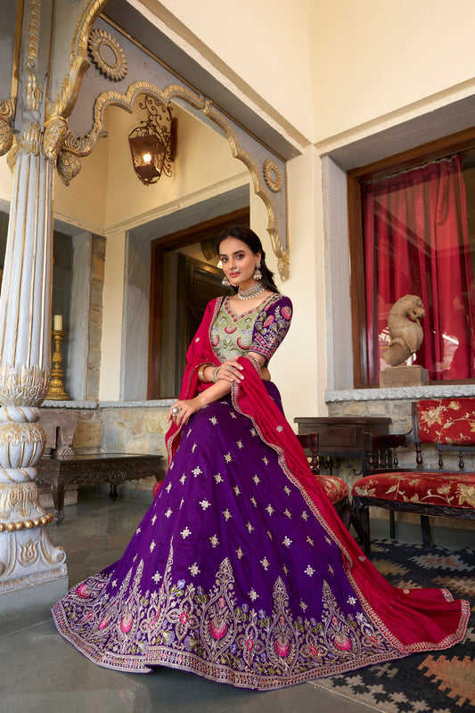 Lorenvalley Purple Vichitra Silk Sequins and Thread Embroidery Work Lehenga Choli with Dupatta | Swadesiicart