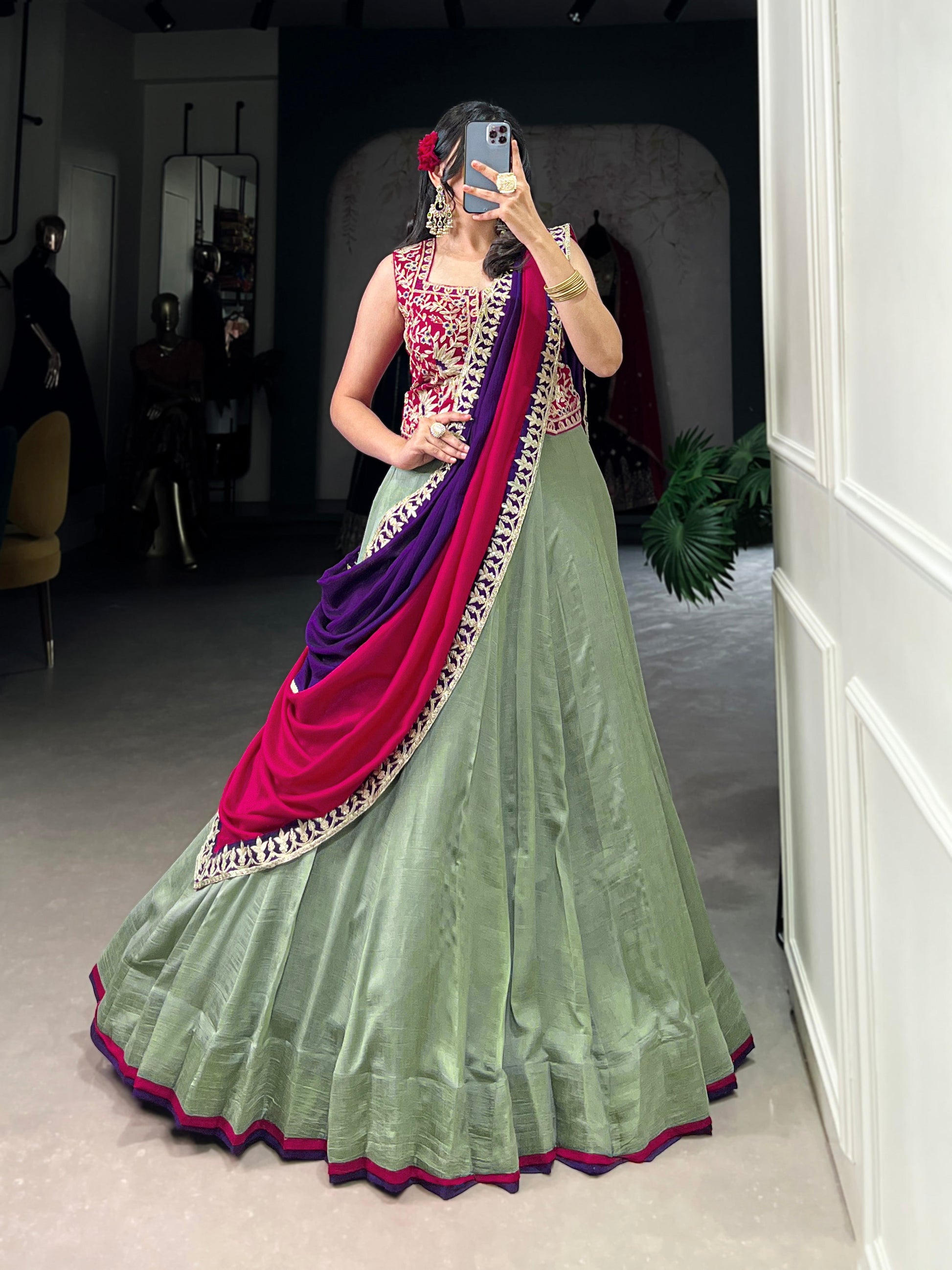 Lorenvalley Seagreen Vichitra Silk Plain With Sequins and Thread Embroidery Work Belt Lehenga Choli | Swadesiicart
