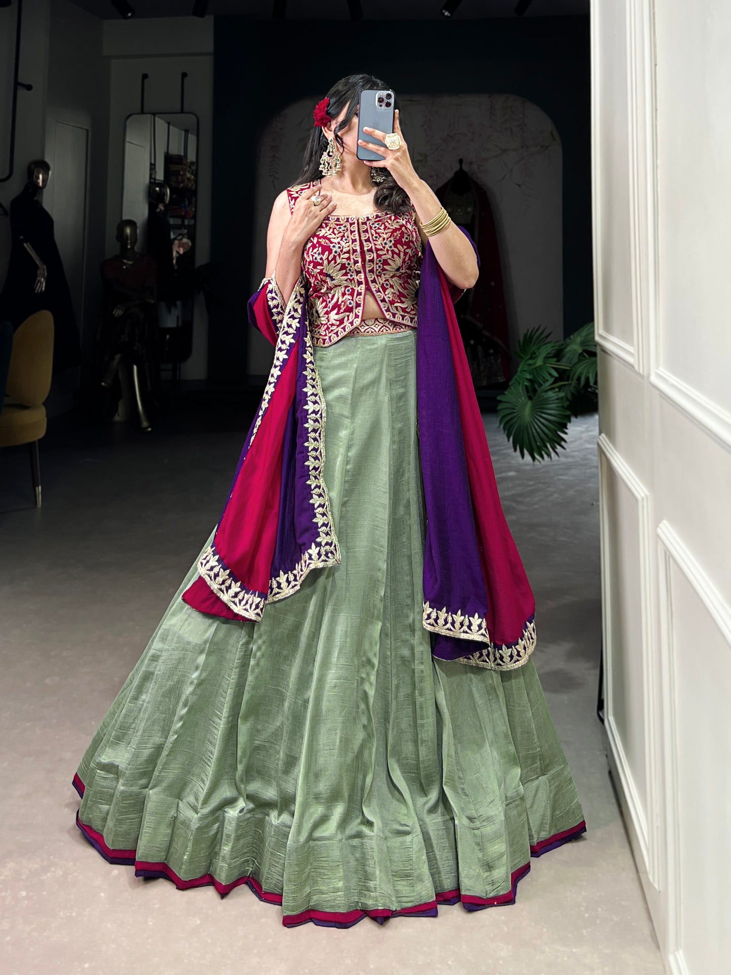 Lorenvalley Seagreen Vichitra Silk Plain With Sequins and Thread Embroidery Work Belt Lehenga Choli | Swadesiicart