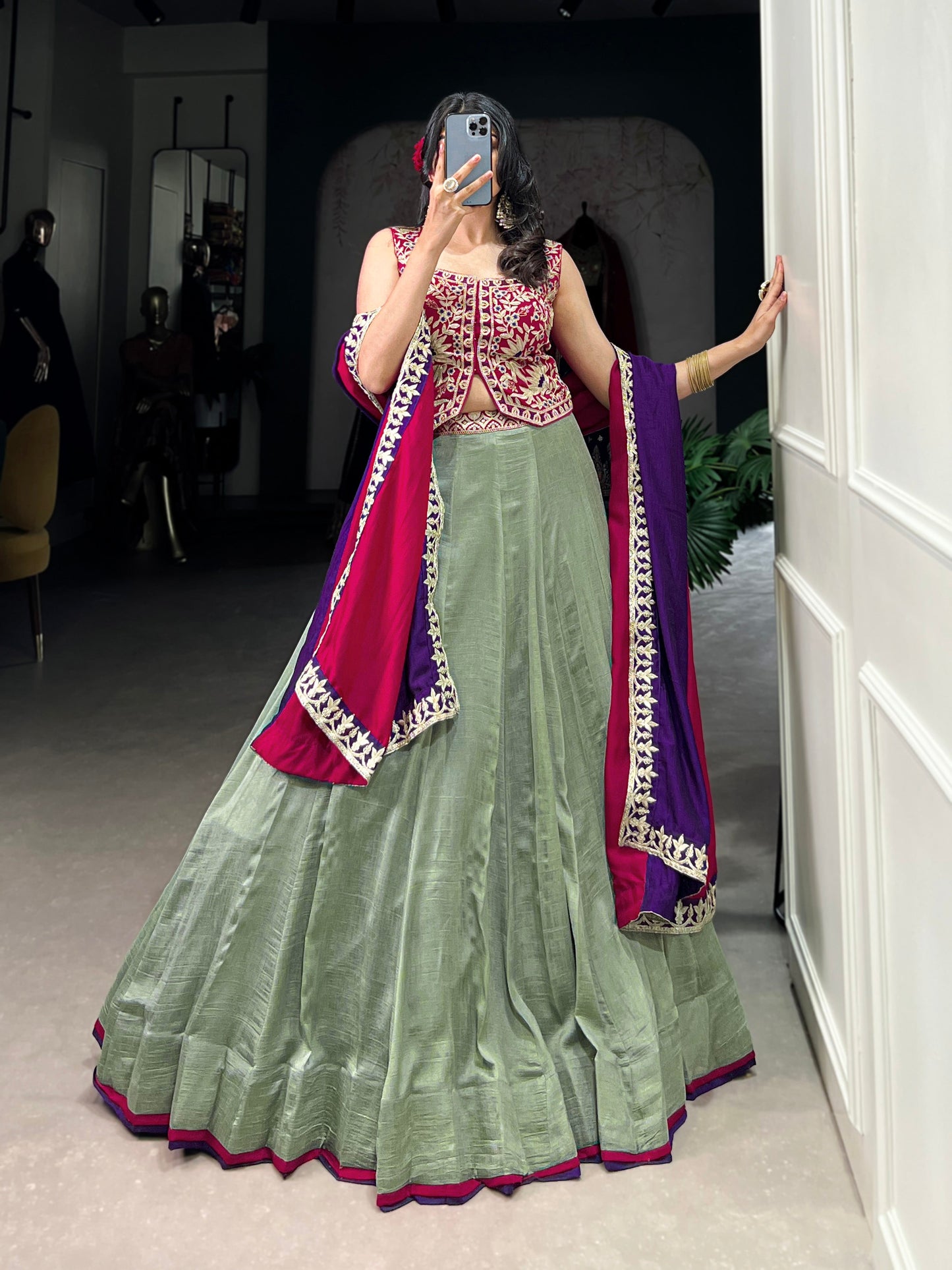 Lorenvalley Seagreen Vichitra Silk Plain With Sequins and Thread Embroidery Work Belt Lehenga Choli | Swadesiicart