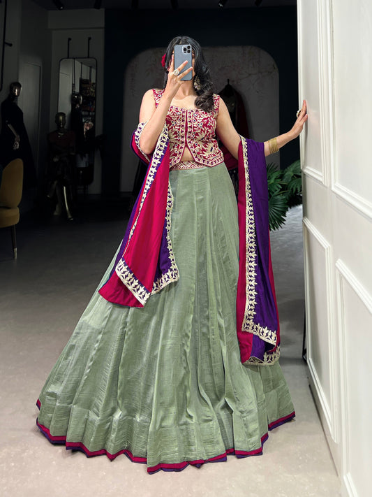 Lorenvalley Seagreen Vichitra Silk Plain With Sequins and Thread Embroidery Work Belt Lehenga Choli | Swadesiicart