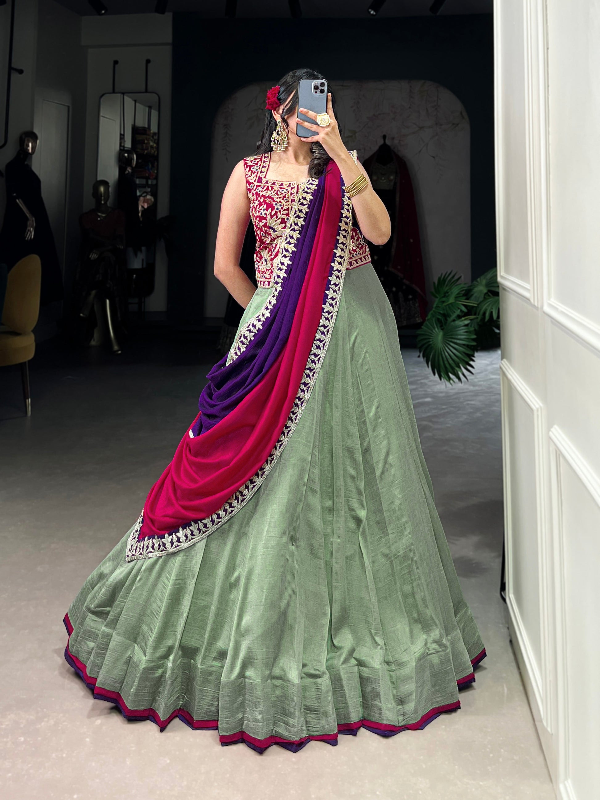 Lorenvalley Seagreen Vichitra Silk Plain With Sequins and Thread Embroidery Work Belt Lehenga Choli | Swadesiicart