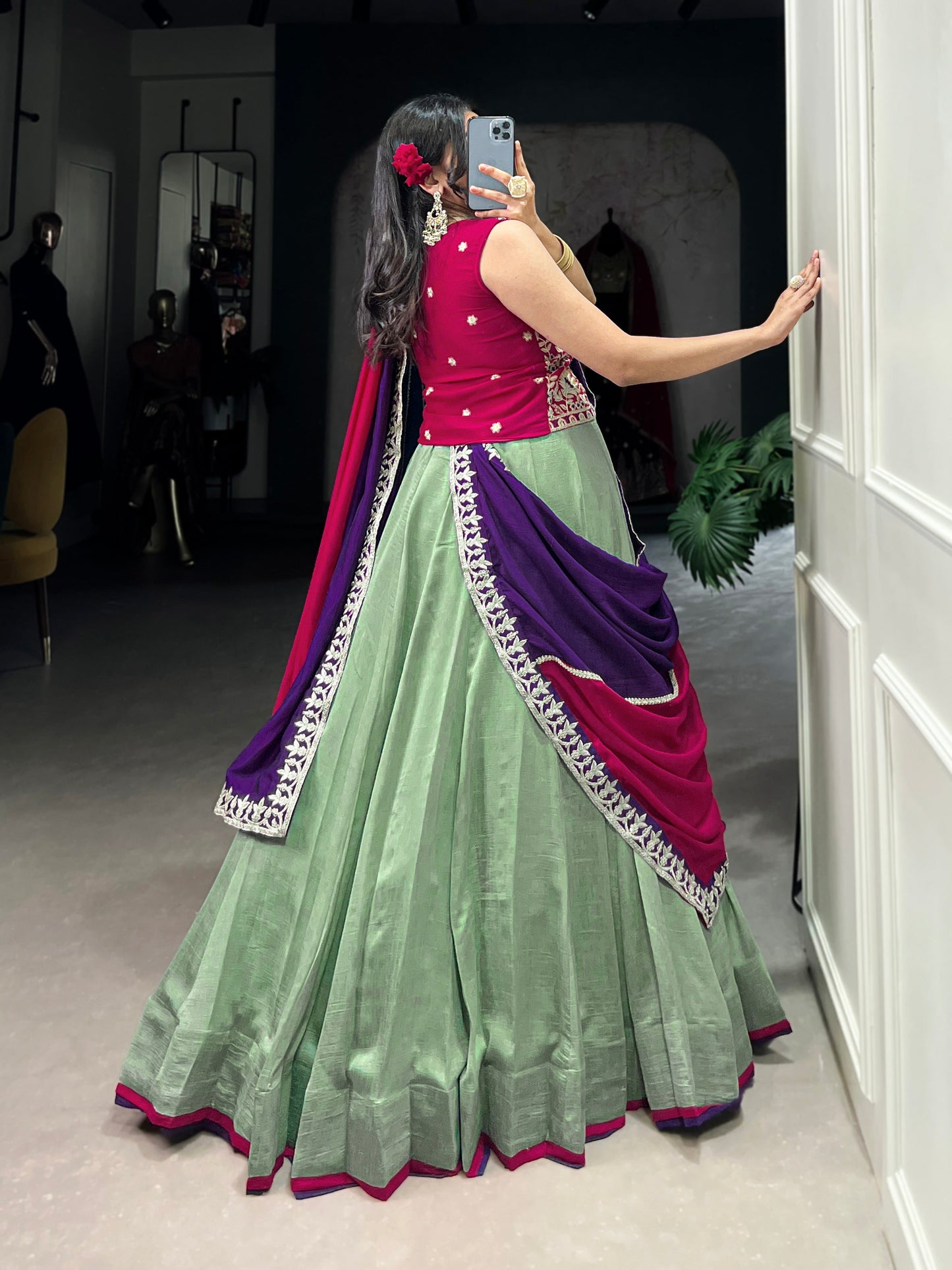 Lorenvalley Seagreen Vichitra Silk Plain With Sequins and Thread Embroidery Work Belt Lehenga Choli | Swadesiicart