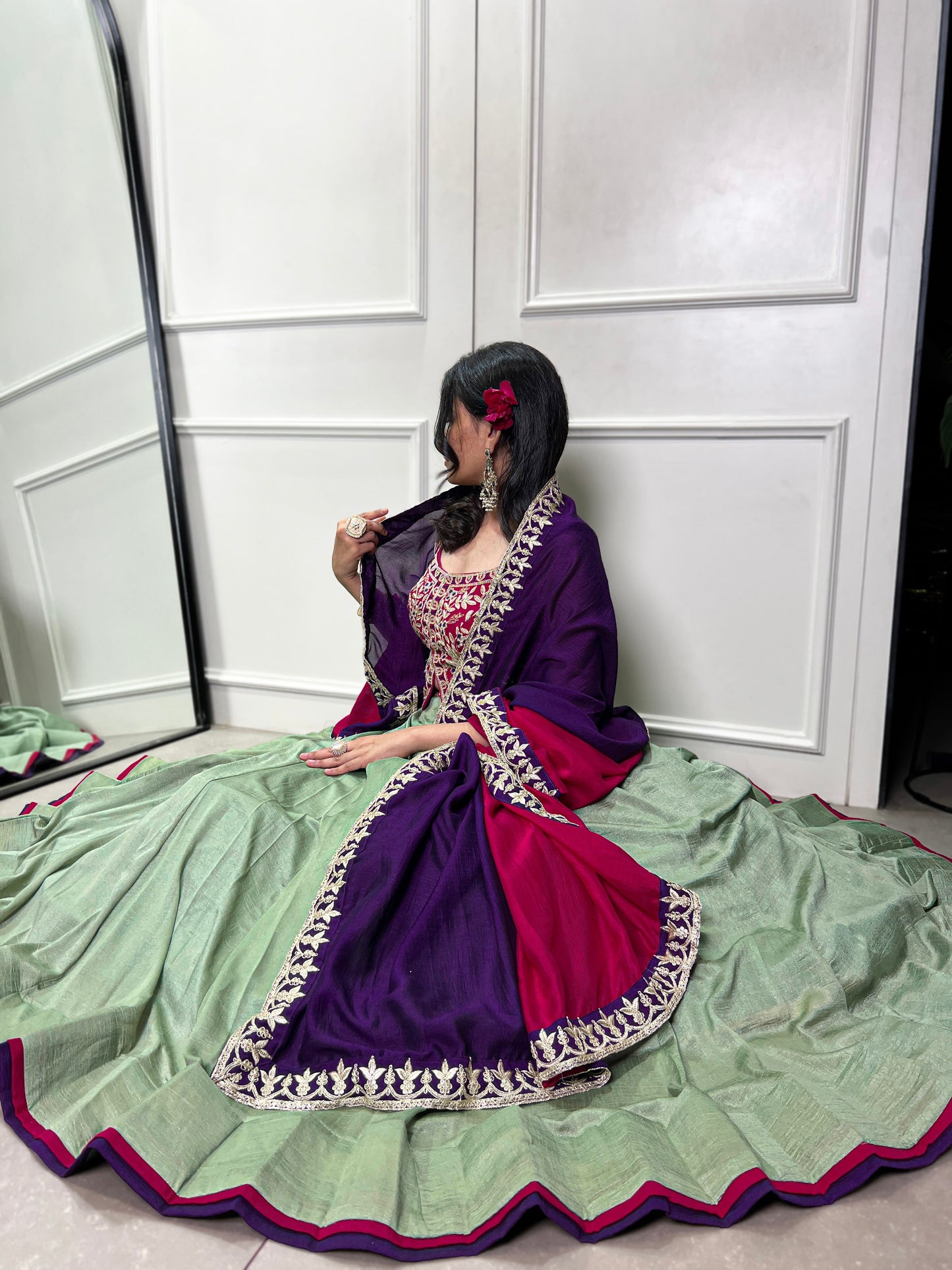 Lorenvalley Seagreen Vichitra Silk Plain With Sequins and Thread Embroidery Work Belt Lehenga Choli | Swadesiicart