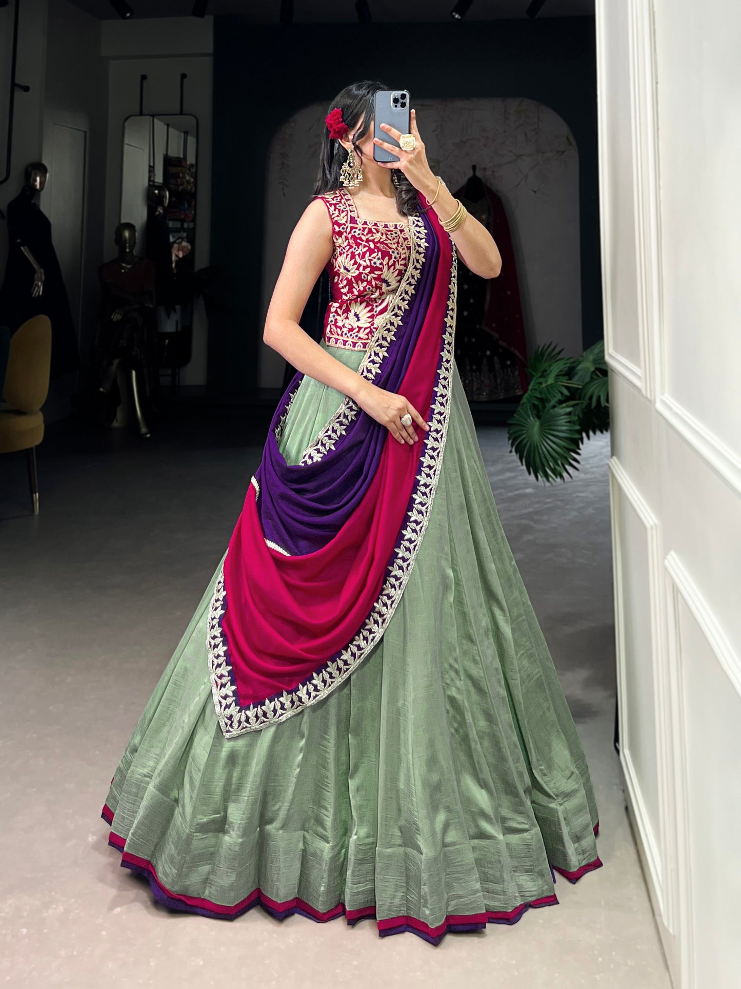 Lorenvalley Seagreen Vichitra Silk Plain With Sequins and Thread Embroidery Work Belt Lehenga Choli | Swadesiicart