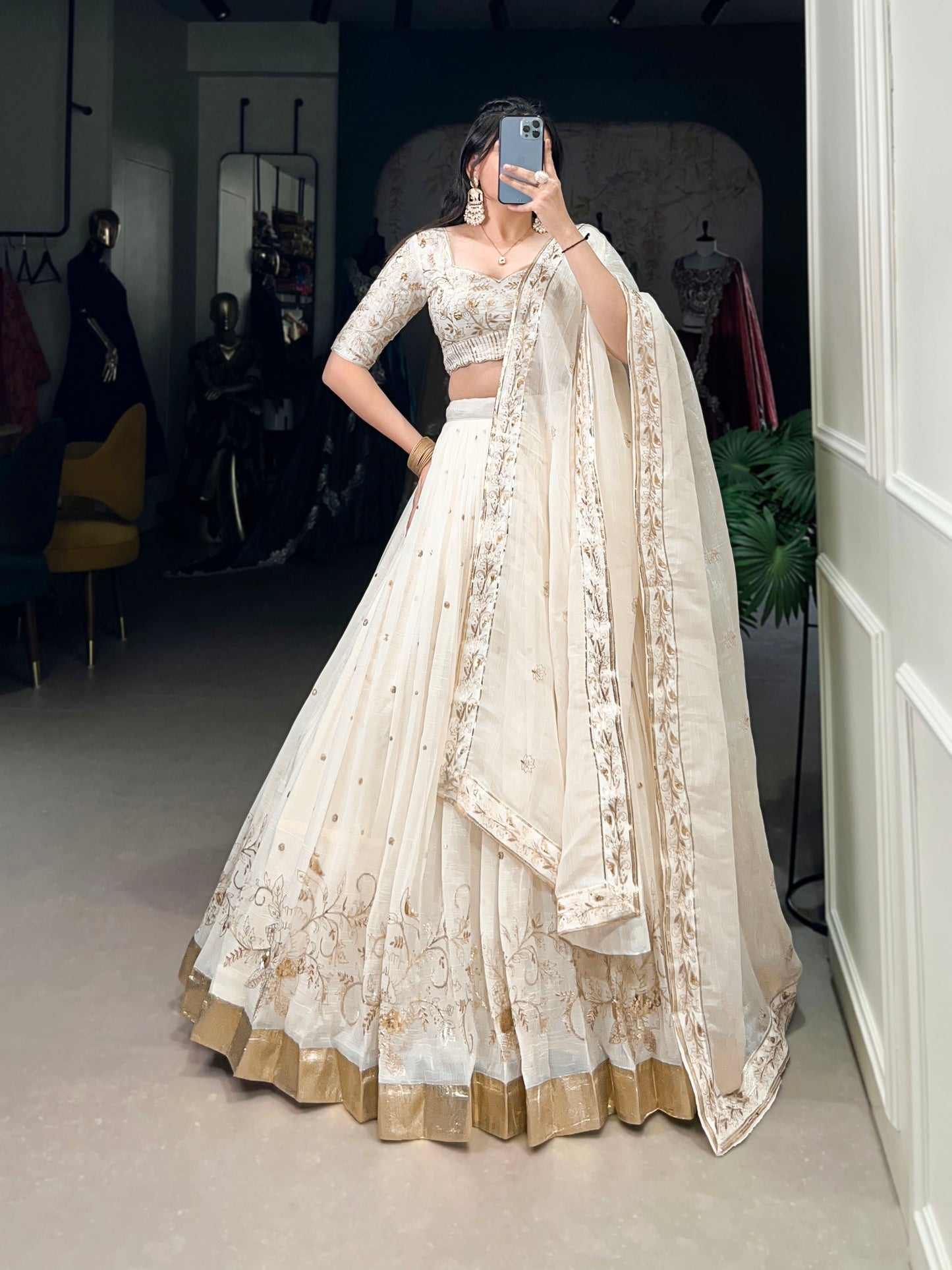 Lorenvalley Off White Silver Glosy Fabric with Sequins and Embroidery with Foil Work Lehenga Choli | Swadesiicart
