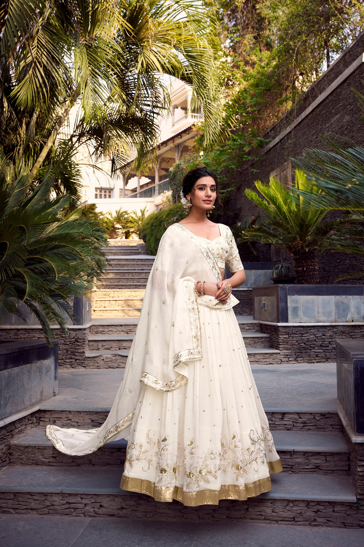 Lorenvalley Offwhite Silver Glosy Fabric Sequins and Embroidery with Foil Work Lehenga Choli with Dupatta | Swadesiicart