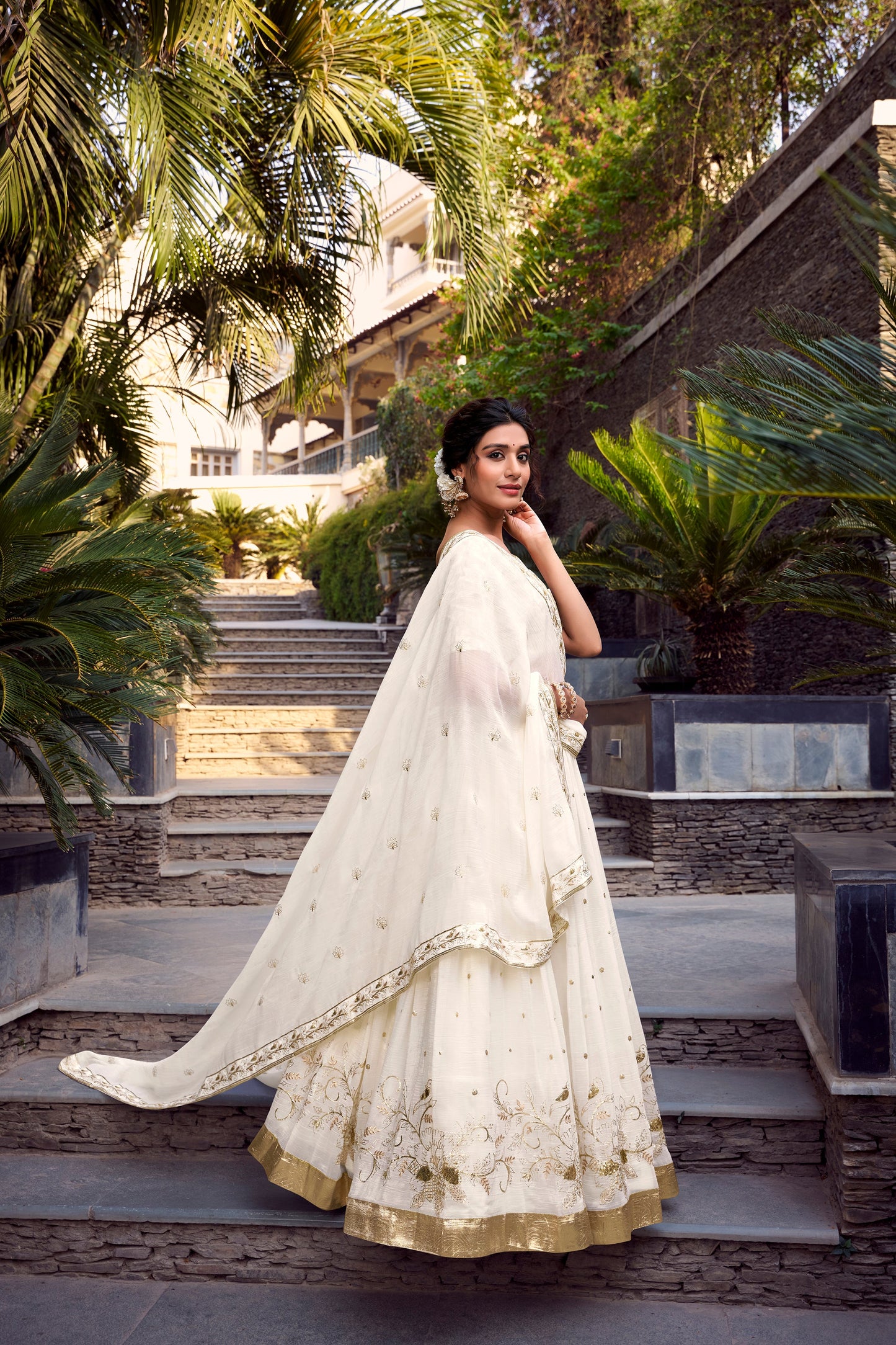 Lorenvalley Offwhite Silver Glosy Fabric Sequins and Embroidery with Foil Work Lehenga Choli with Dupatta | Swadesiicart
