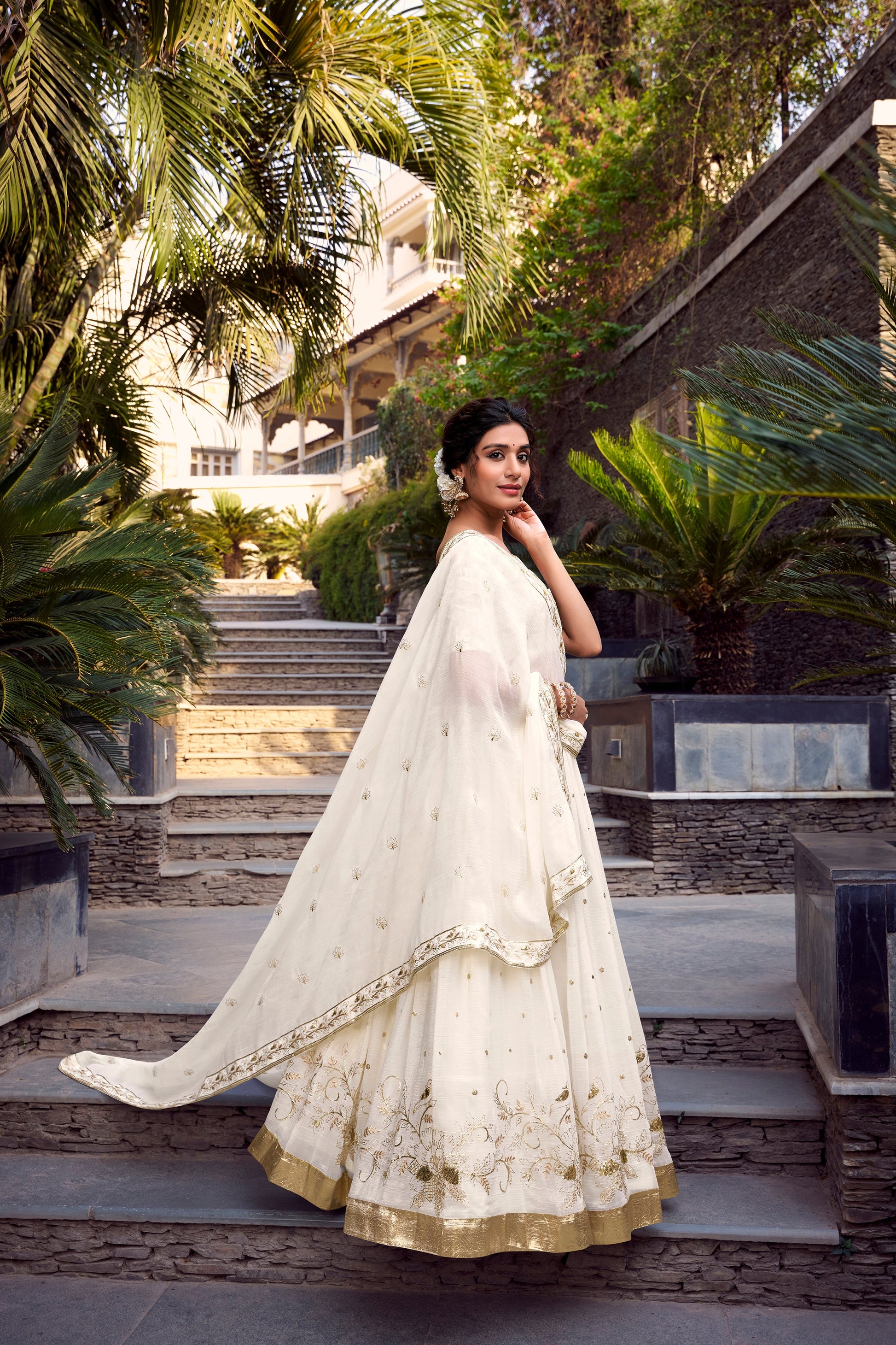 Lorenvalley Offwhite Silver Glosy Fabric Sequins and Embroidery with Foil Work Lehenga Choli with Dupatta | Swadesiicart