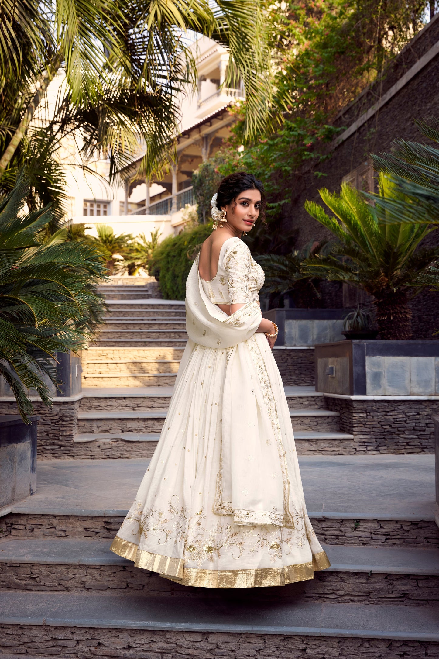 Lorenvalley Offwhite Silver Glosy Fabric Sequins and Embroidery with Foil Work Lehenga Choli with Dupatta | Swadesiicart