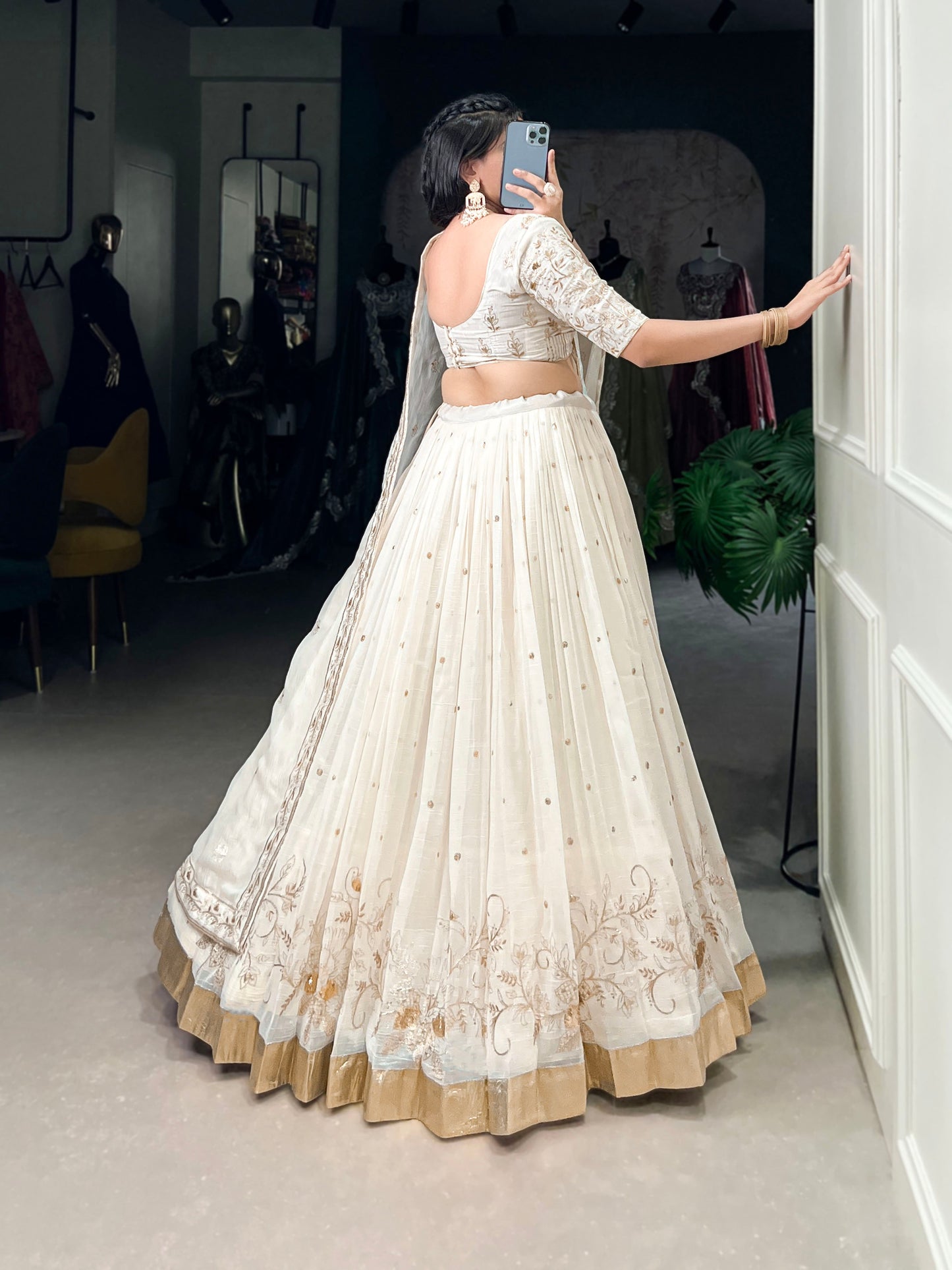 Lorenvalley Off White Silver Glosy Fabric with Sequins and Embroidery with Foil Work Lehenga Choli | Swadesiicart