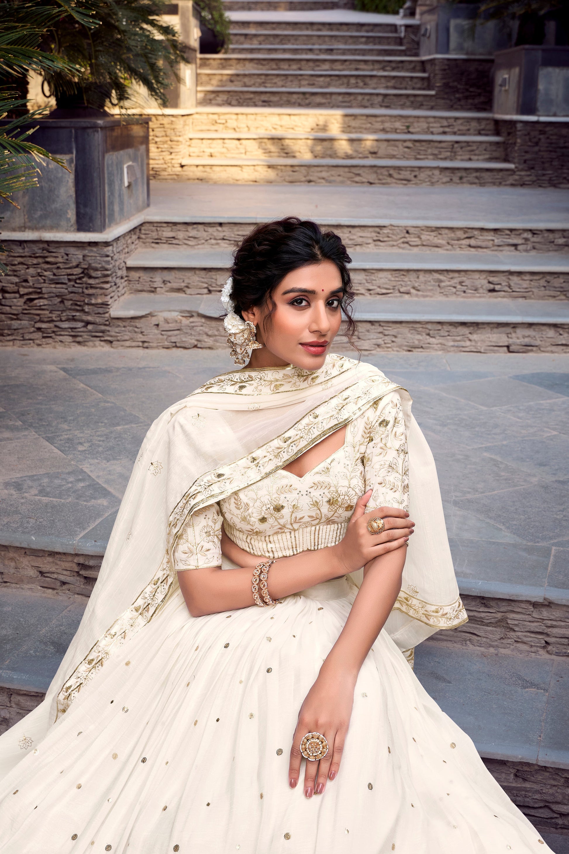 Lorenvalley Offwhite Silver Glosy Fabric Sequins and Embroidery with Foil Work Lehenga Choli with Dupatta | Swadesiicart