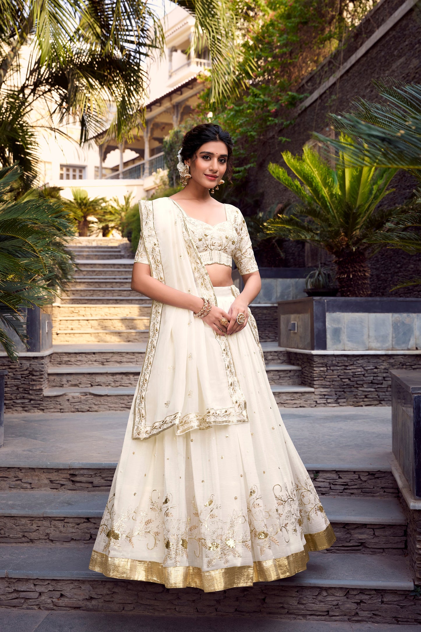 Lorenvalley Offwhite Silver Glosy Fabric Sequins and Embroidery with Foil Work Lehenga Choli with Dupatta | Swadesiicart