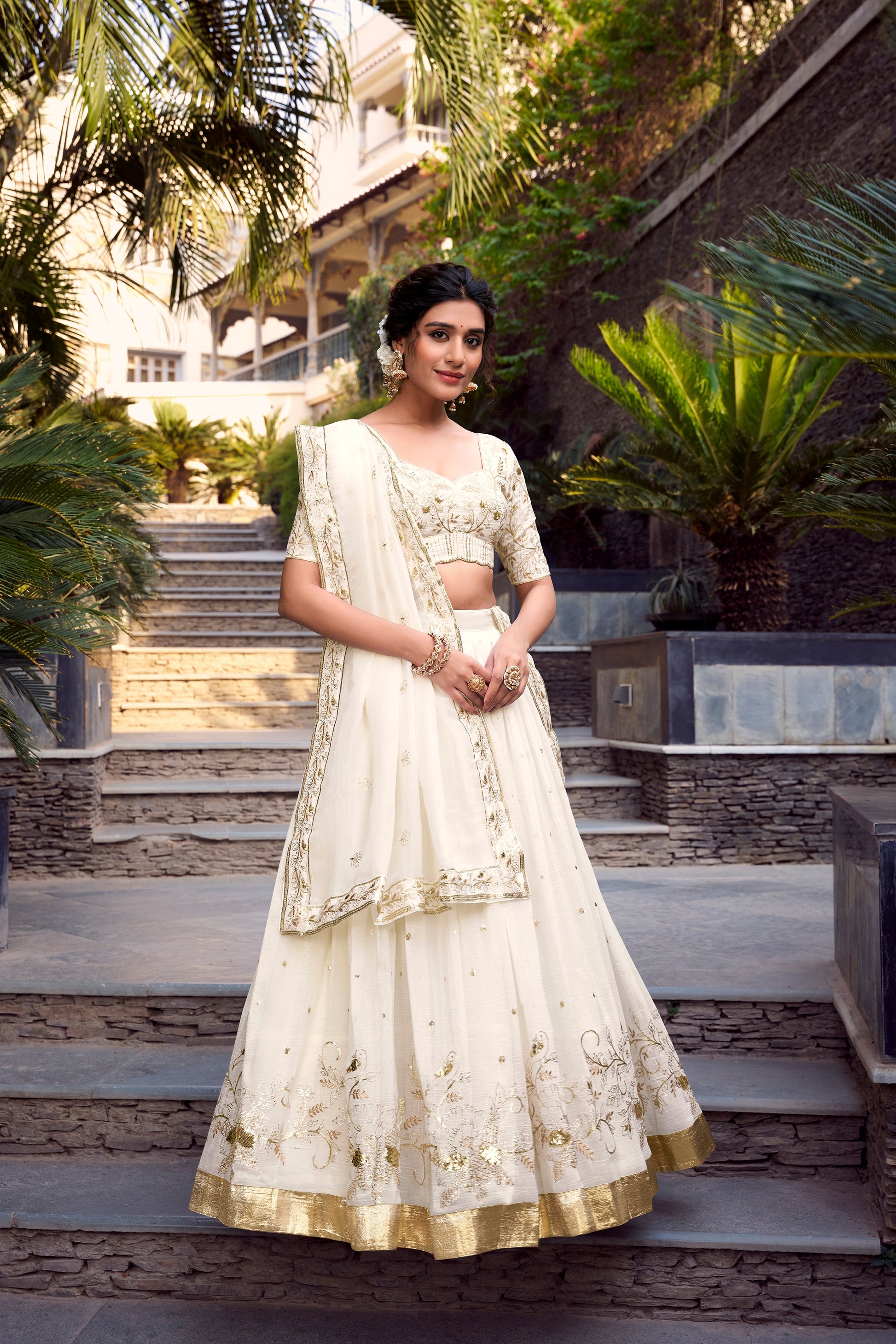 Lorenvalley Offwhite Silver Glosy Fabric Sequins and Embroidery with Foil Work Lehenga Choli with Dupatta | Swadesiicart