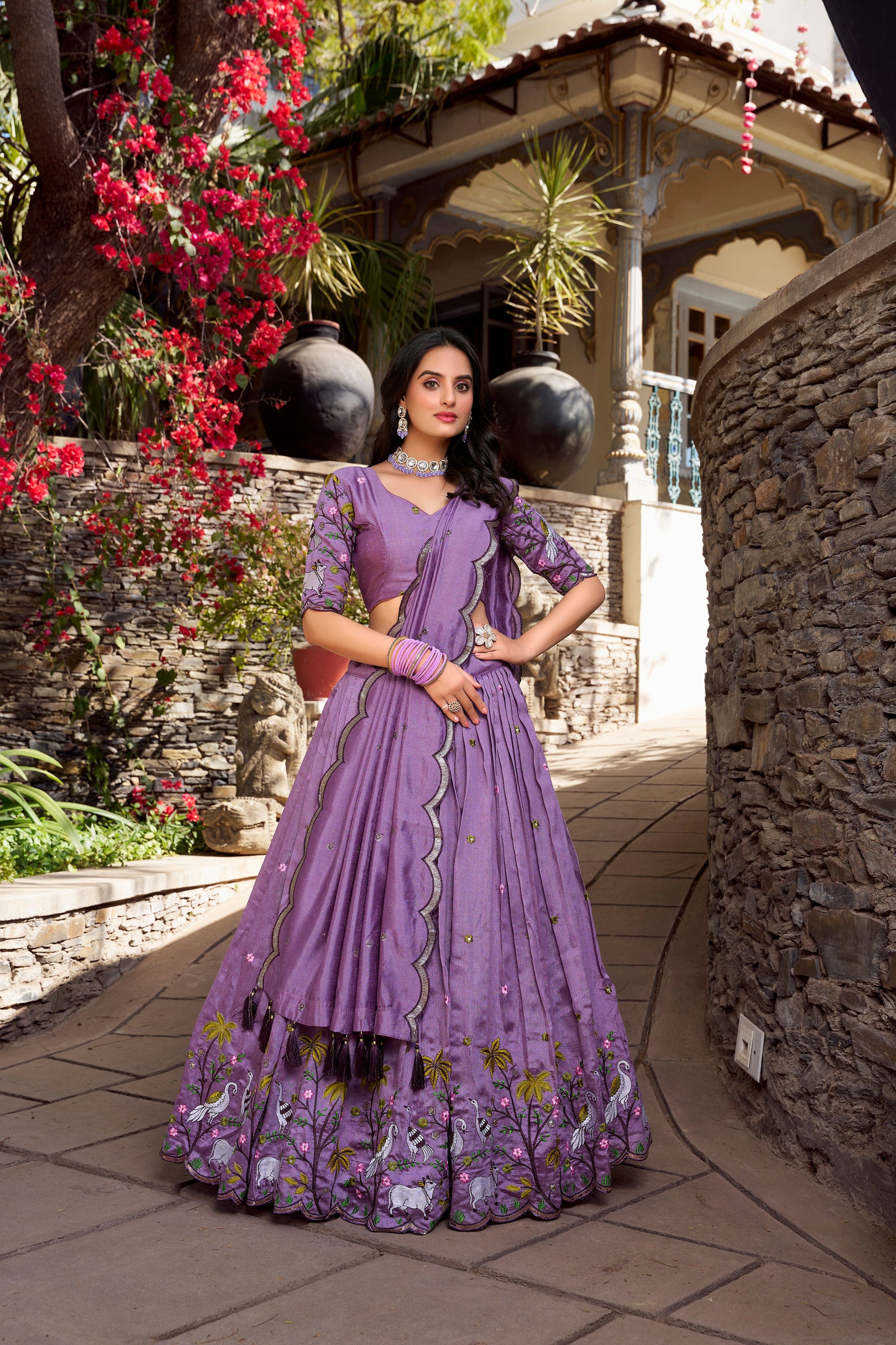 Lorenvalley Lavender Vichitra Shimmer Sequins and Thread Embroidery Work Lehenga Choli | Swadesiicart