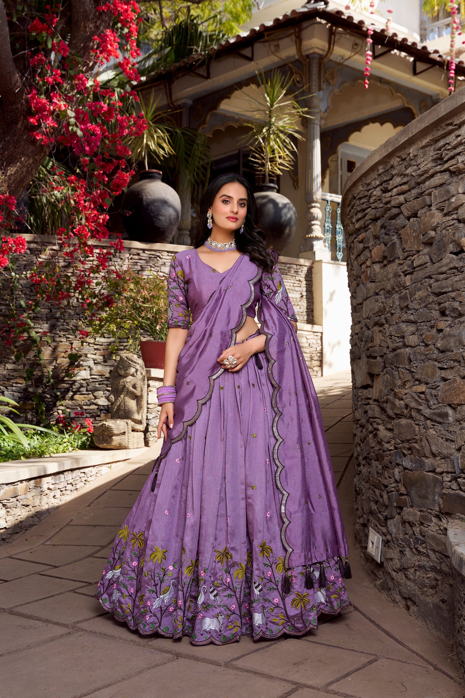 Lorenvalley Lavender Vichitra Shimmer Sequins and Thread Embroidery Work Lehenga Choli | Swadesiicart