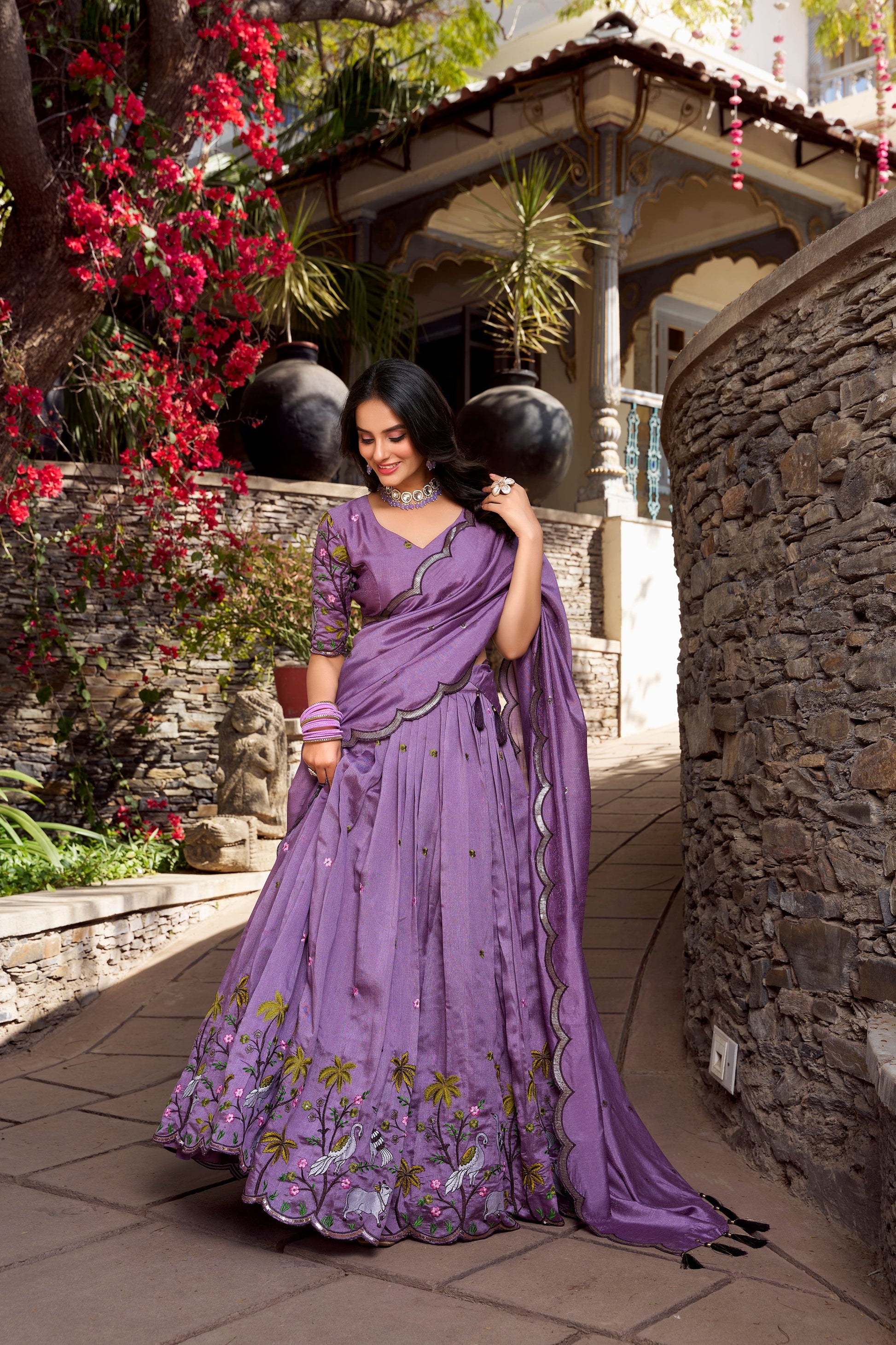 Lorenvalley Lavender Vichitra Shimmer Sequins and Thread Embroidery Work Lehenga Choli | Swadesiicart