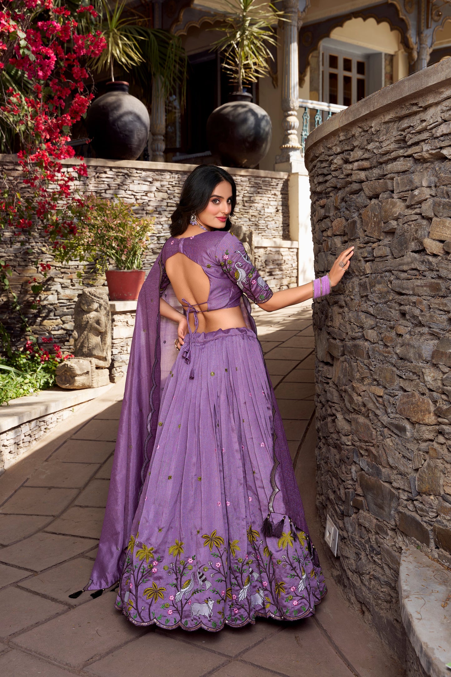 Lorenvalley Lavender Vichitra Shimmer Sequins and Thread Embroidery Work Lehenga Choli | Swadesiicart
