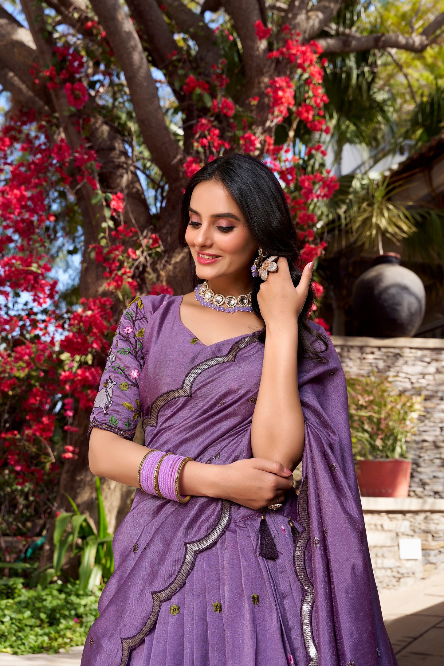 Lorenvalley Lavender Vichitra Shimmer Sequins and Thread Embroidery Work Lehenga Choli | Swadesiicart