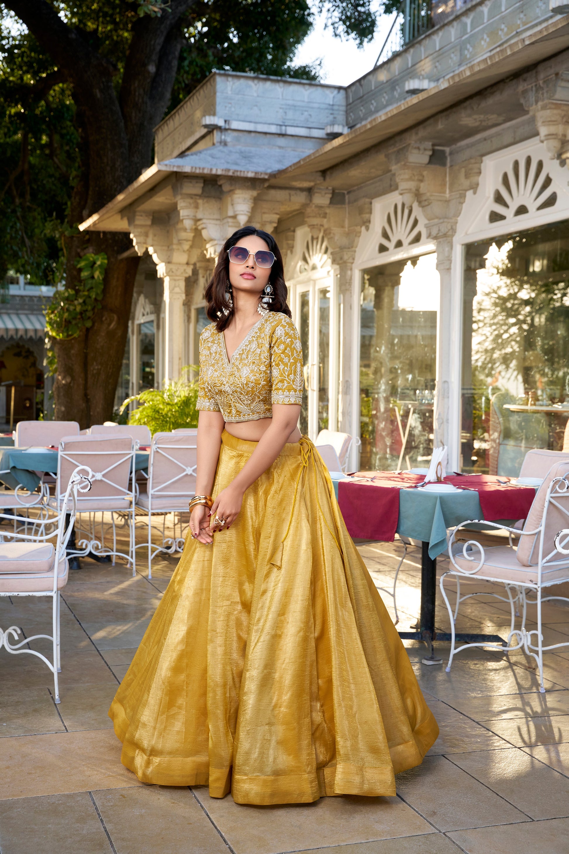 Lorenvalley Mustard Goldie Plain Lehenga with Sequins Thread Embroidery Work Choli | Swadesiicart
