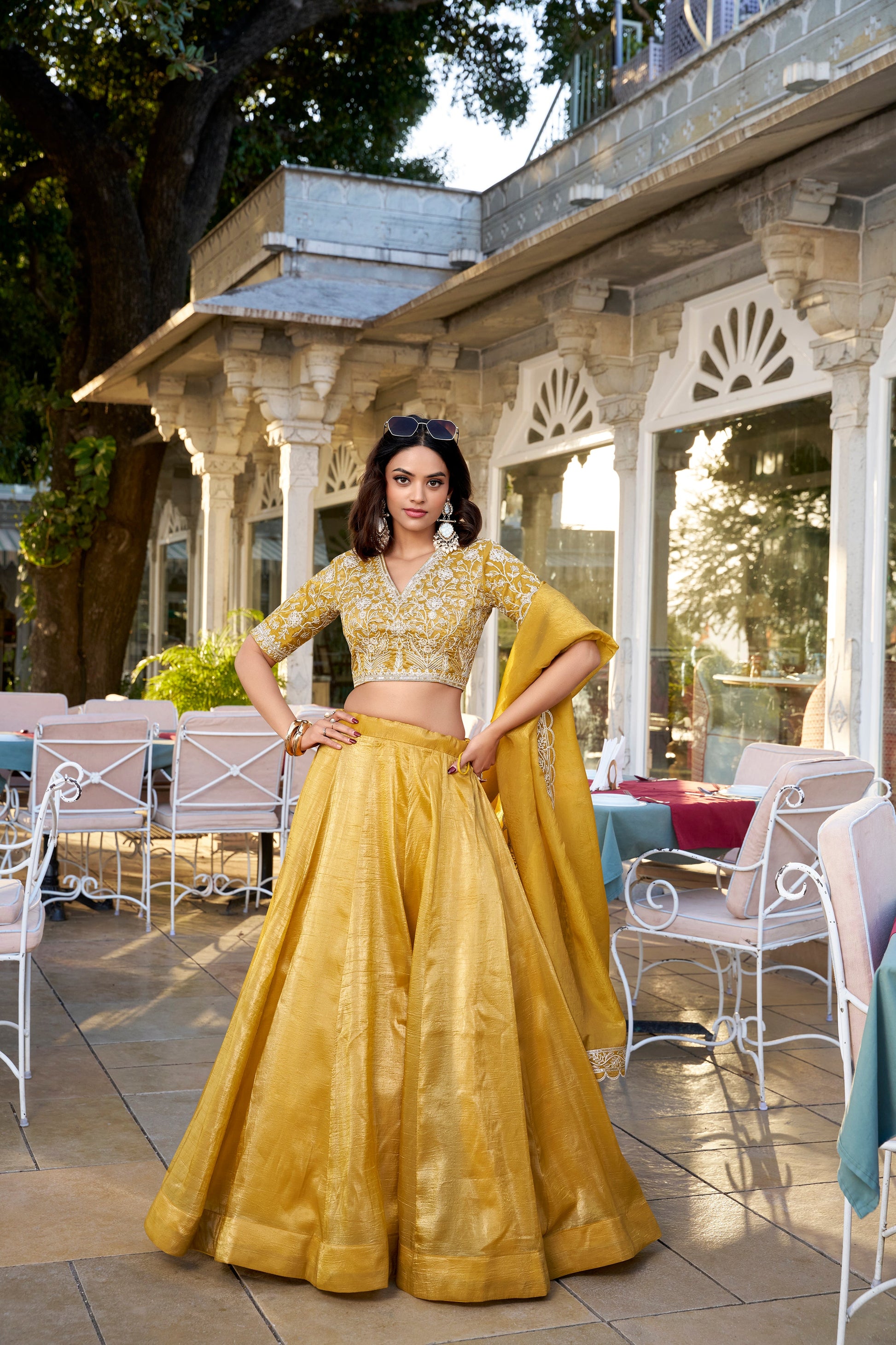 Lorenvalley Mustard Goldie Plain Lehenga with Sequins Thread Embroidery Work Choli | Swadesiicart