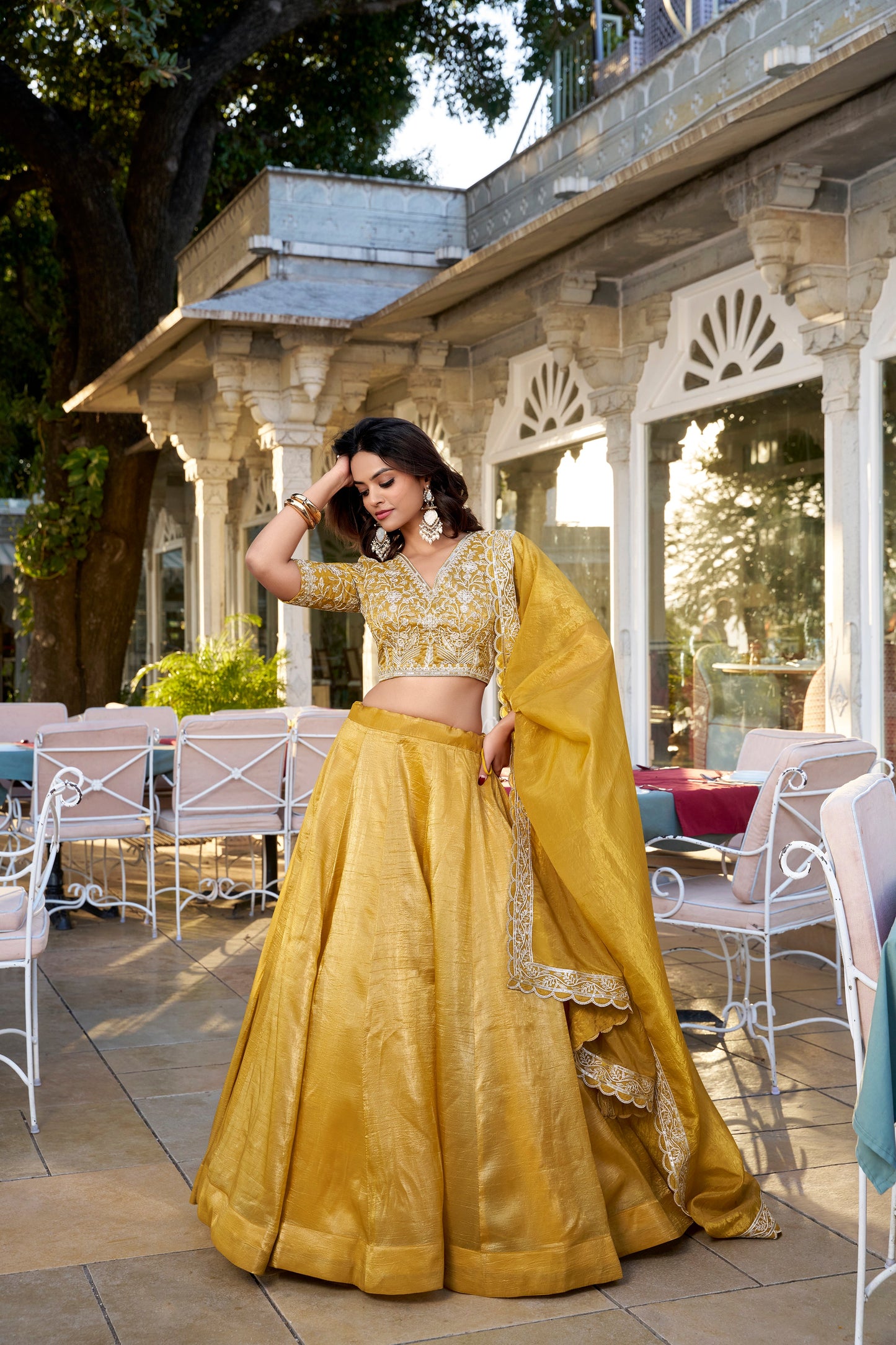 Lorenvalley Mustard Goldie Plain Lehenga with Sequins Thread Embroidery Work Choli | Swadesiicart