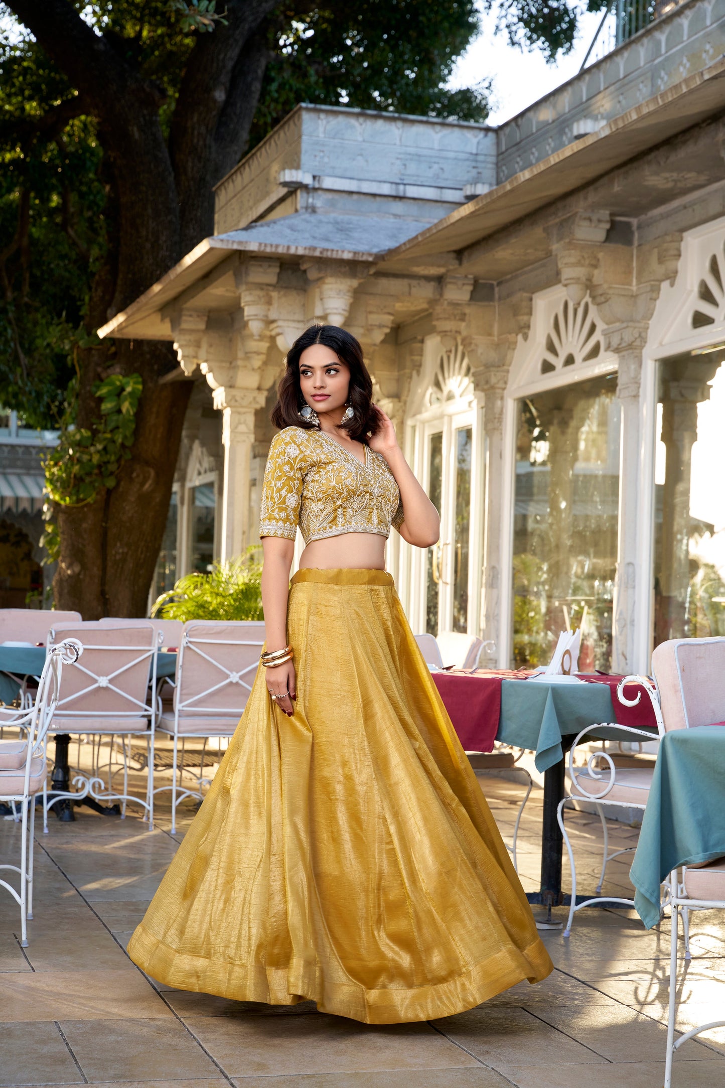 Lorenvalley Mustard Goldie Plain Lehenga with Sequins Thread Embroidery Work Choli | Swadesiicart