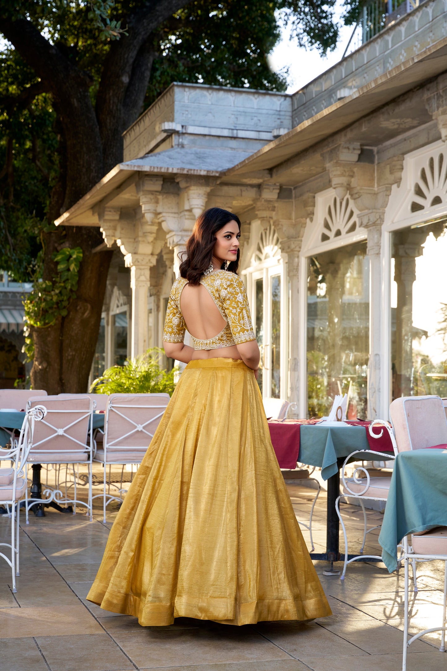 Lorenvalley Mustard Goldie Plain Lehenga with Sequins Thread Embroidery Work Choli | Swadesiicart