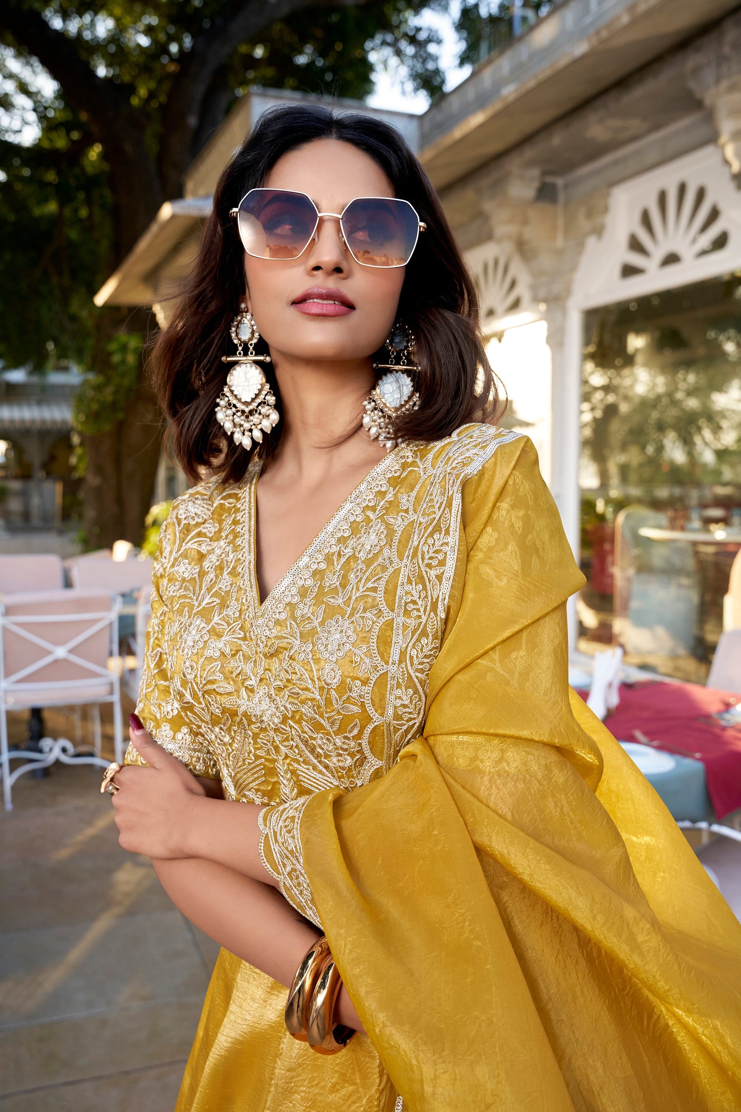 Lorenvalley Mustard Goldie Plain Lehenga with Sequins Thread Embroidery Work Choli | Swadesiicart