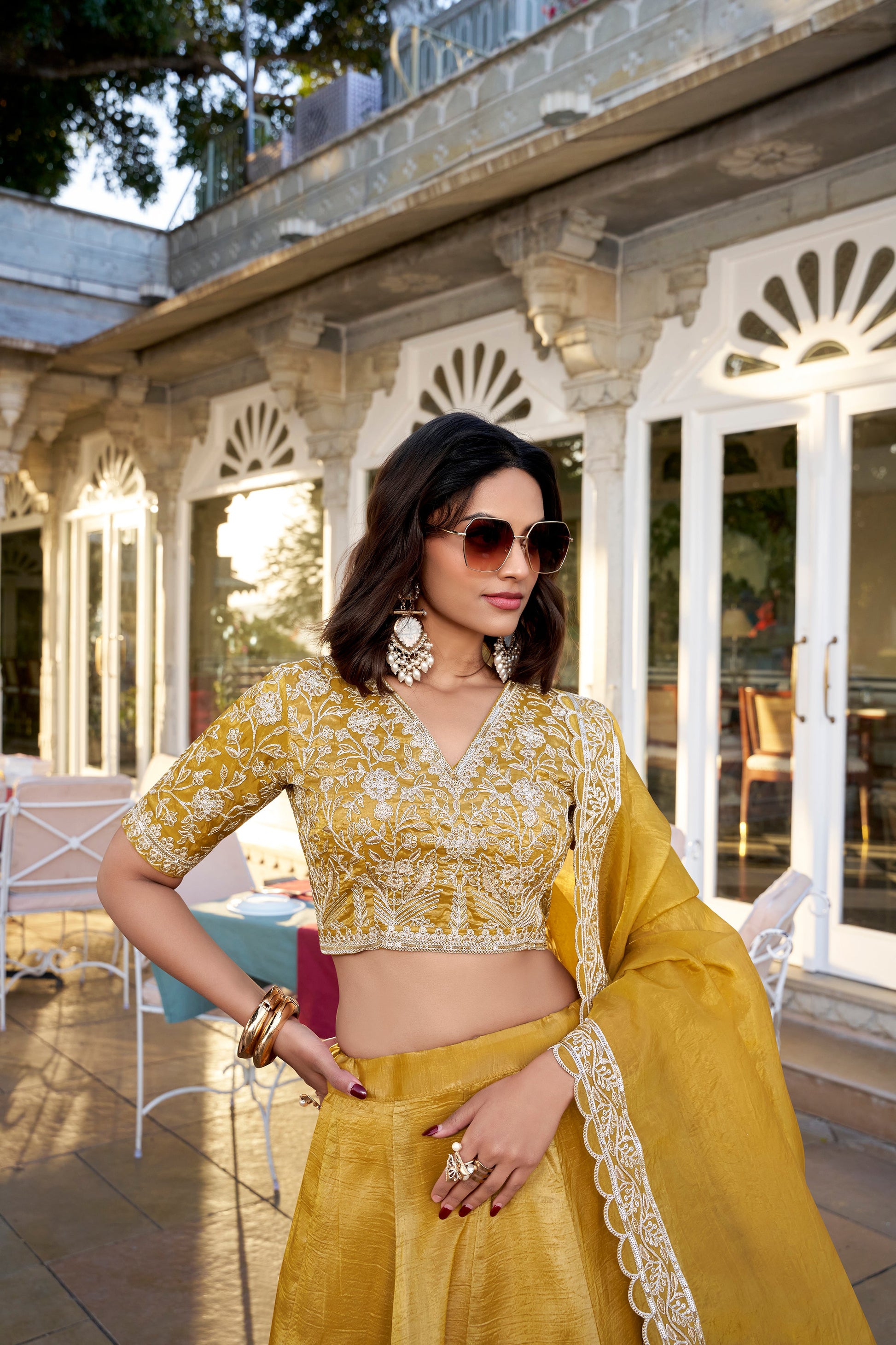 Lorenvalley Mustard Goldie Plain Lehenga with Sequins Thread Embroidery Work Choli | Swadesiicart