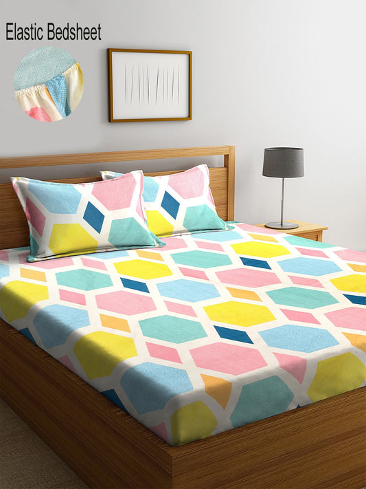 KLOTTHE Multicoloured Geometric 300 TC Fitted Double Bedsheet with 2 Pillow Covers - Swadesiicart