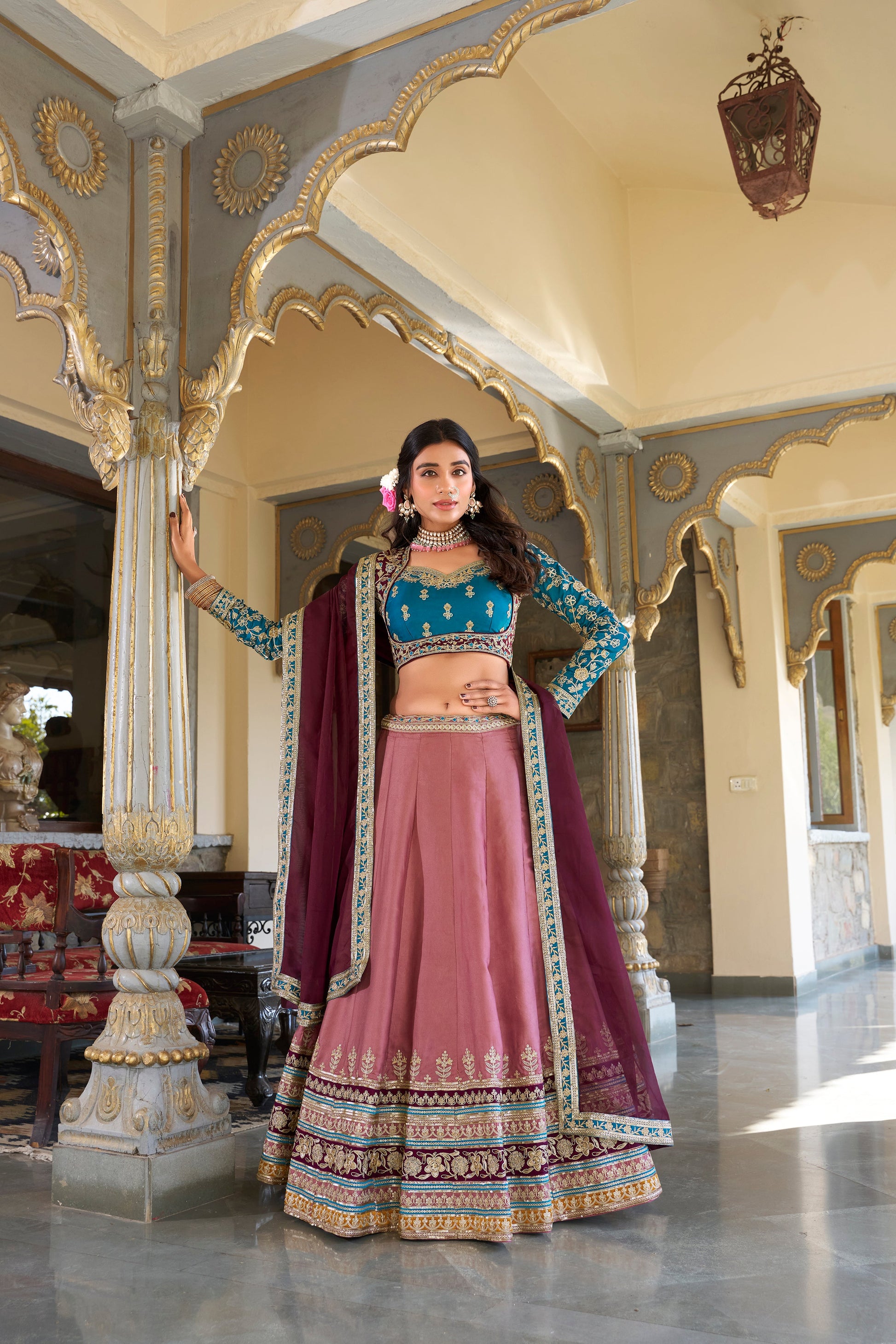 Lorenvalley Peach Moonga Silk Sequins and Thread Embroidery Work Lehenga Choli | Swadesiicart