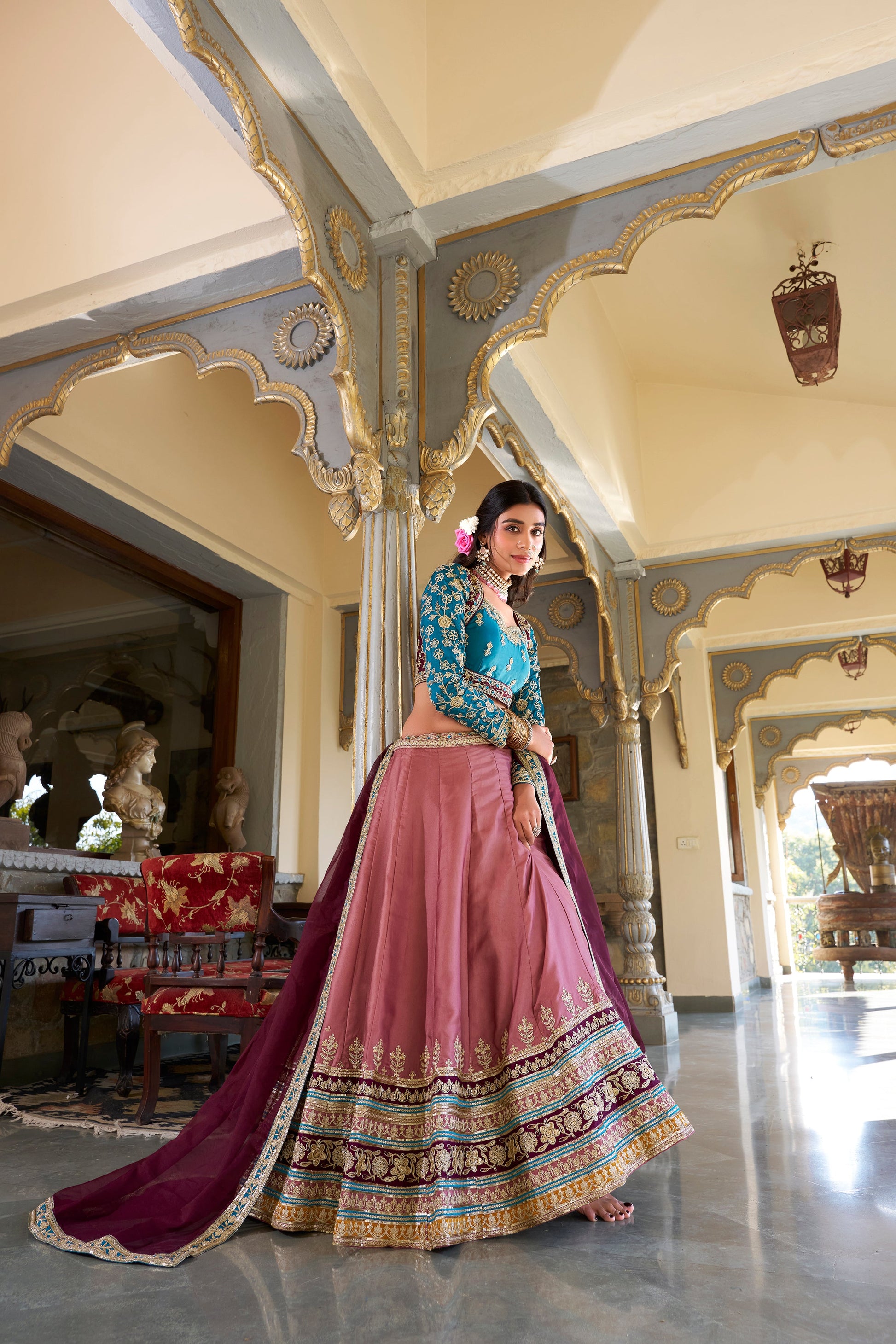 Lorenvalley Peach Moonga Silk Sequins and Thread Embroidery Work Lehenga Choli | Swadesiicart