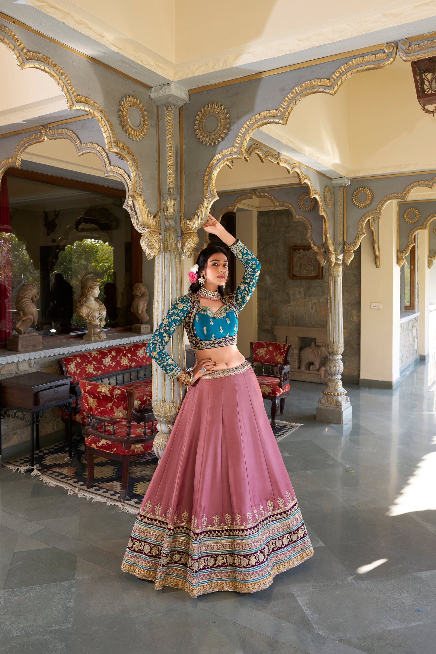 Lorenvalley Peach Moonga Silk Sequins and Thread Embroidery Work Lehenga Choli | Swadesiicart