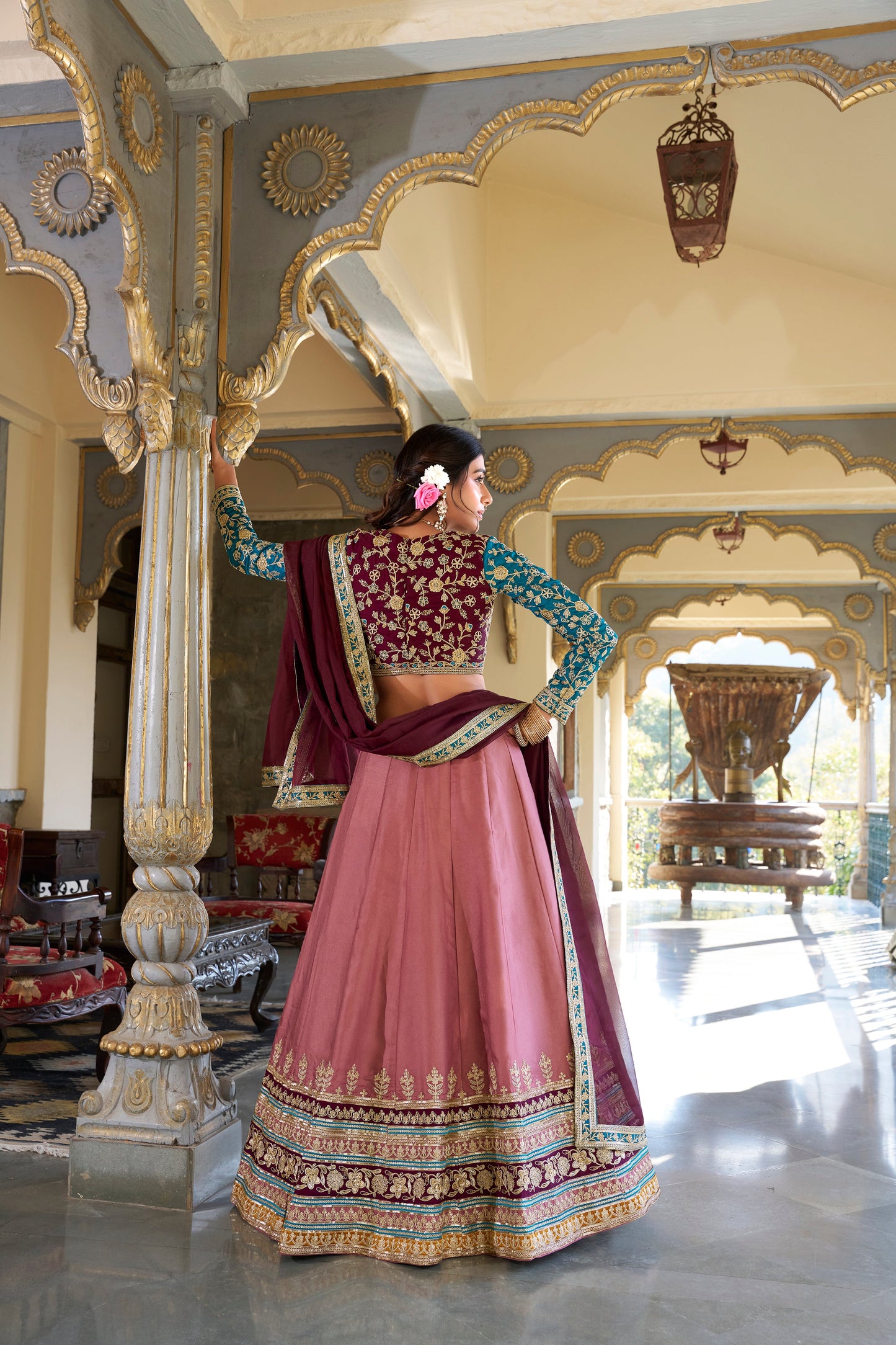 Lorenvalley Peach Moonga Silk Sequins and Thread Embroidery Work Lehenga Choli | Swadesiicart