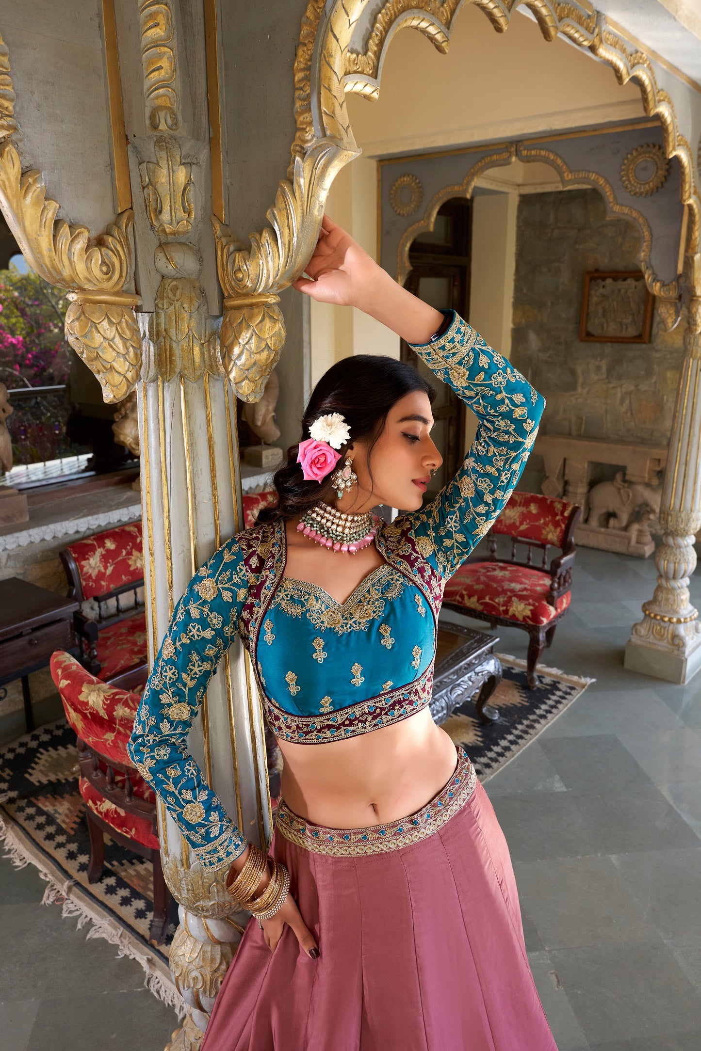 Lorenvalley Peach Moonga Silk Sequins and Thread Embroidery Work Lehenga Choli | Swadesiicart