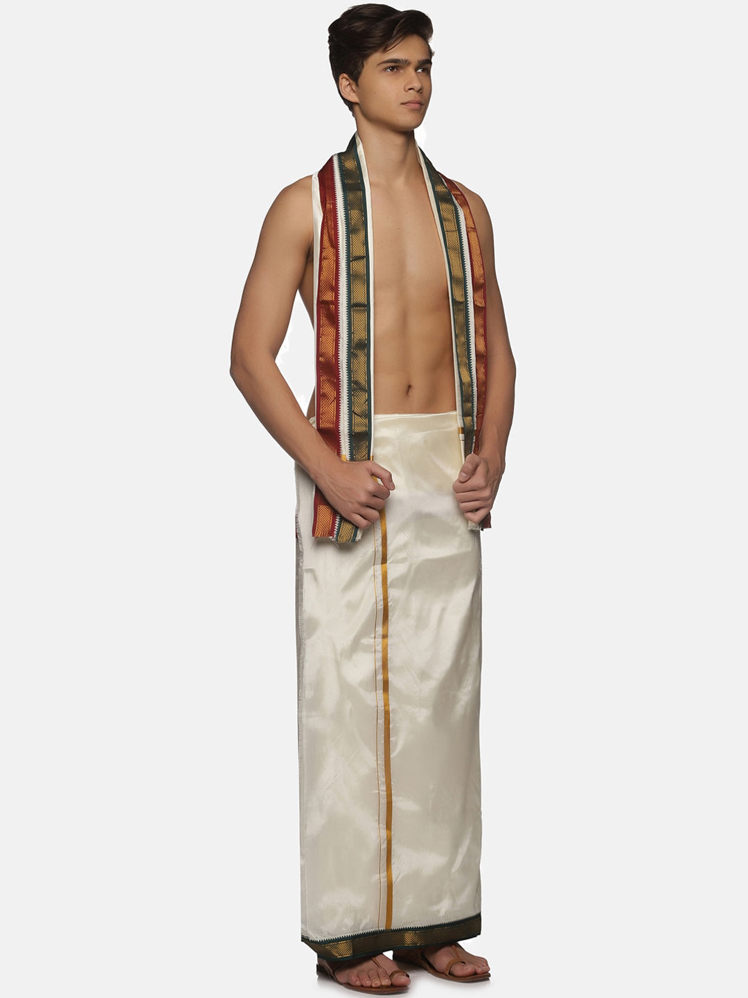 Sethukrishna Men Cream-Coloured Solid Dhotis With Angavastram | Swadesiicart