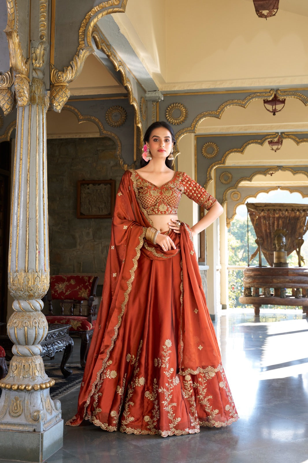 Lorenvalley Orange Rangoli Silk Lehenga choli | Swadesiicart