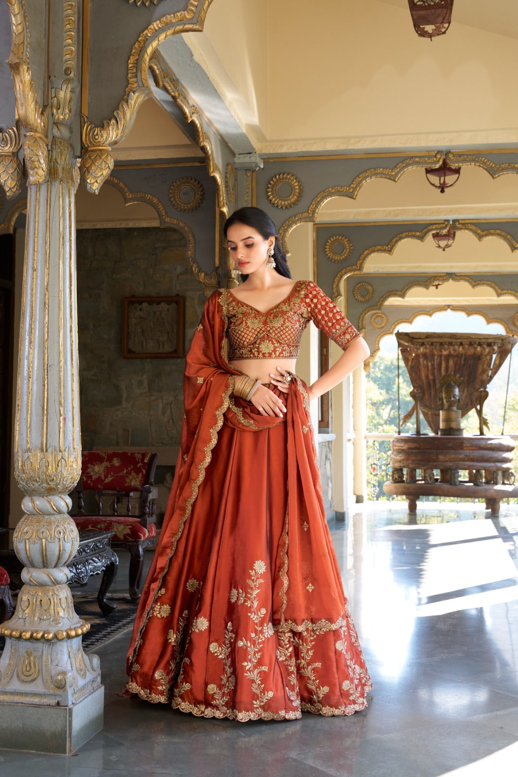 Lorenvalley Orange Rangoli Silk Lehenga choli | Swadesiicart